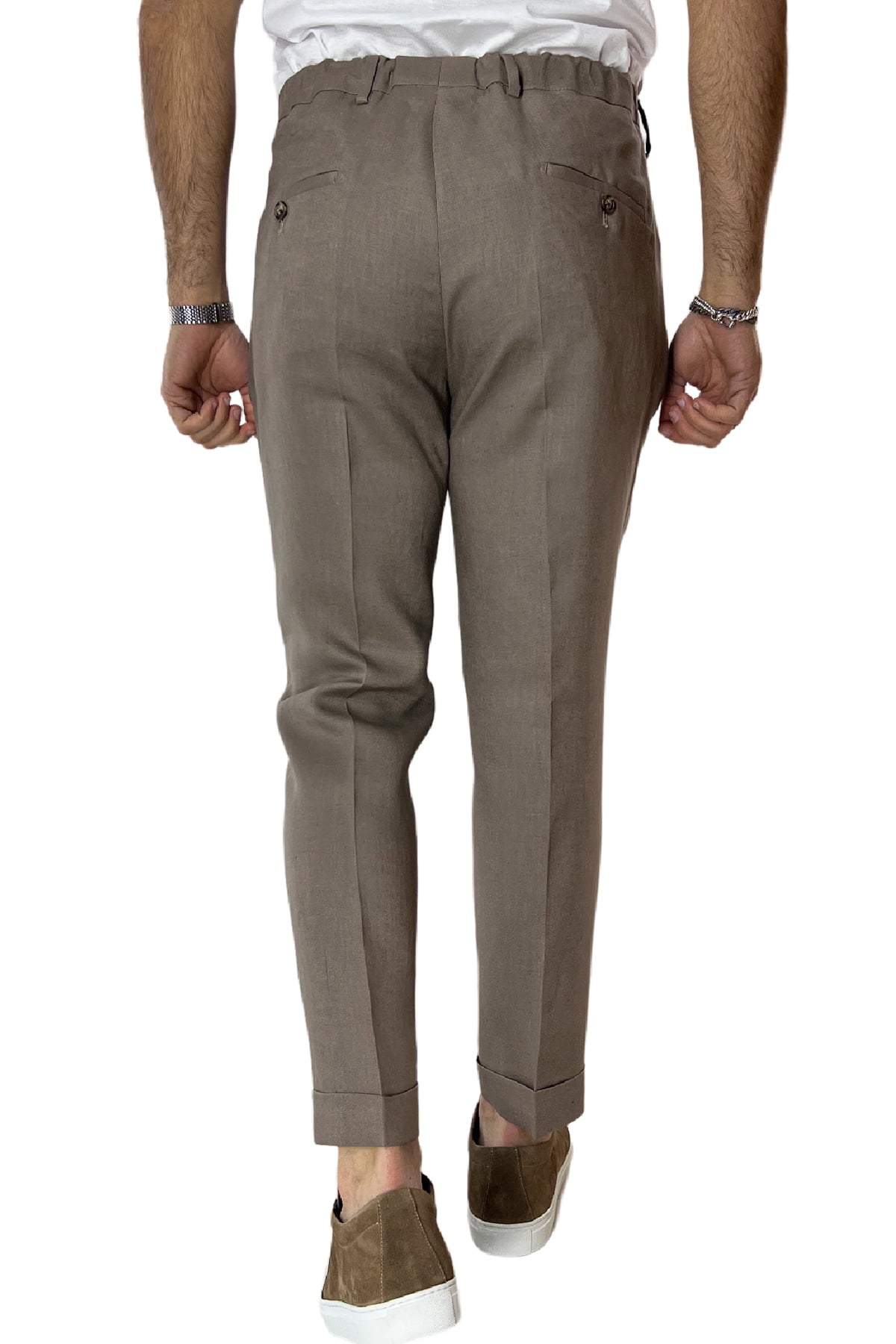 Pantalaccio uomo Fango in lino 100% tasca america con doppia pence e laccio in vita risvolto 4cm