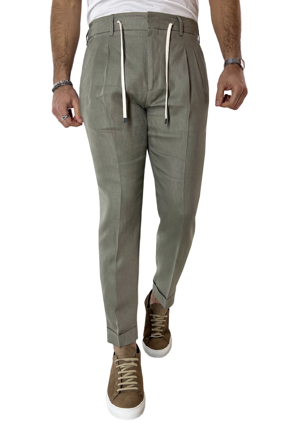 Pantalaccio uomo verde militare in lino 100% tasca america con doppia pence e laccio in vita risvolto 4cm