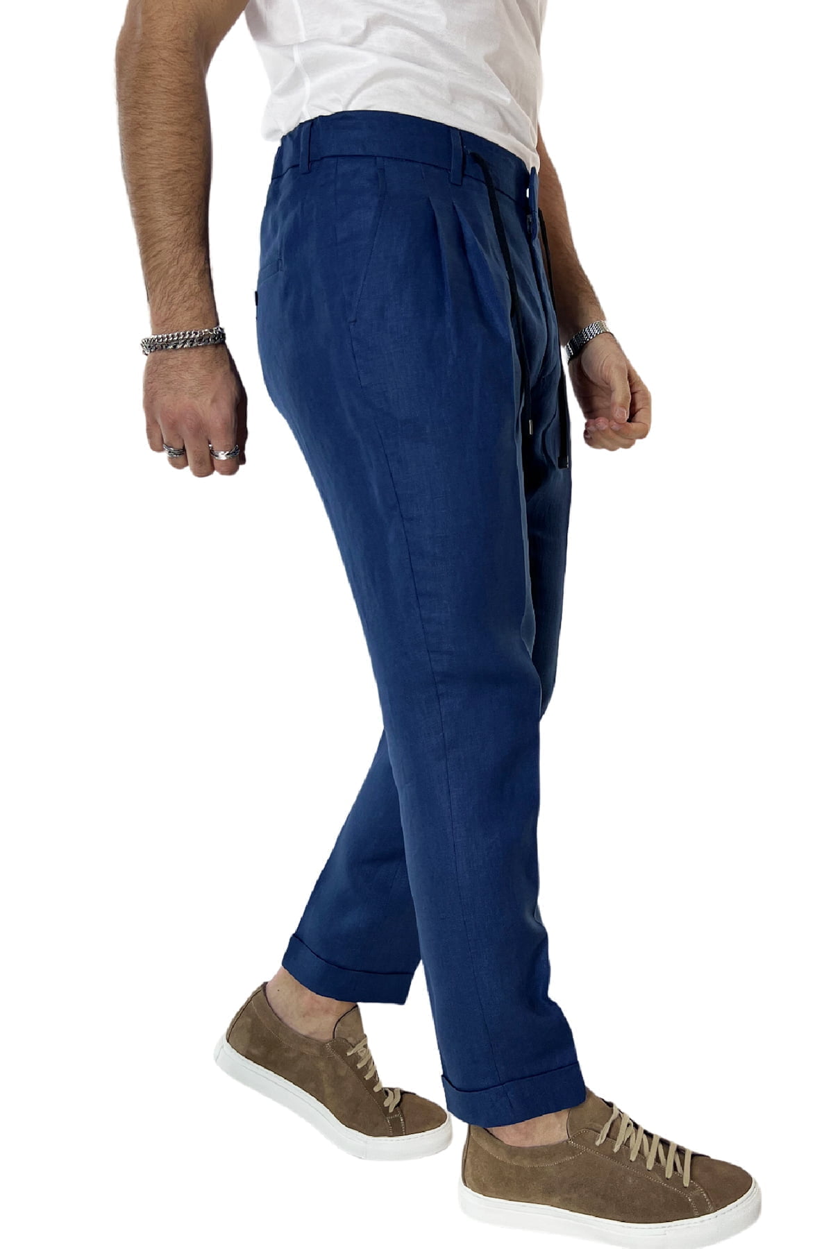 Pantalaccio uomo blu in lino 100% tasca america con doppia pence e laccio in vita risvolto 4cm