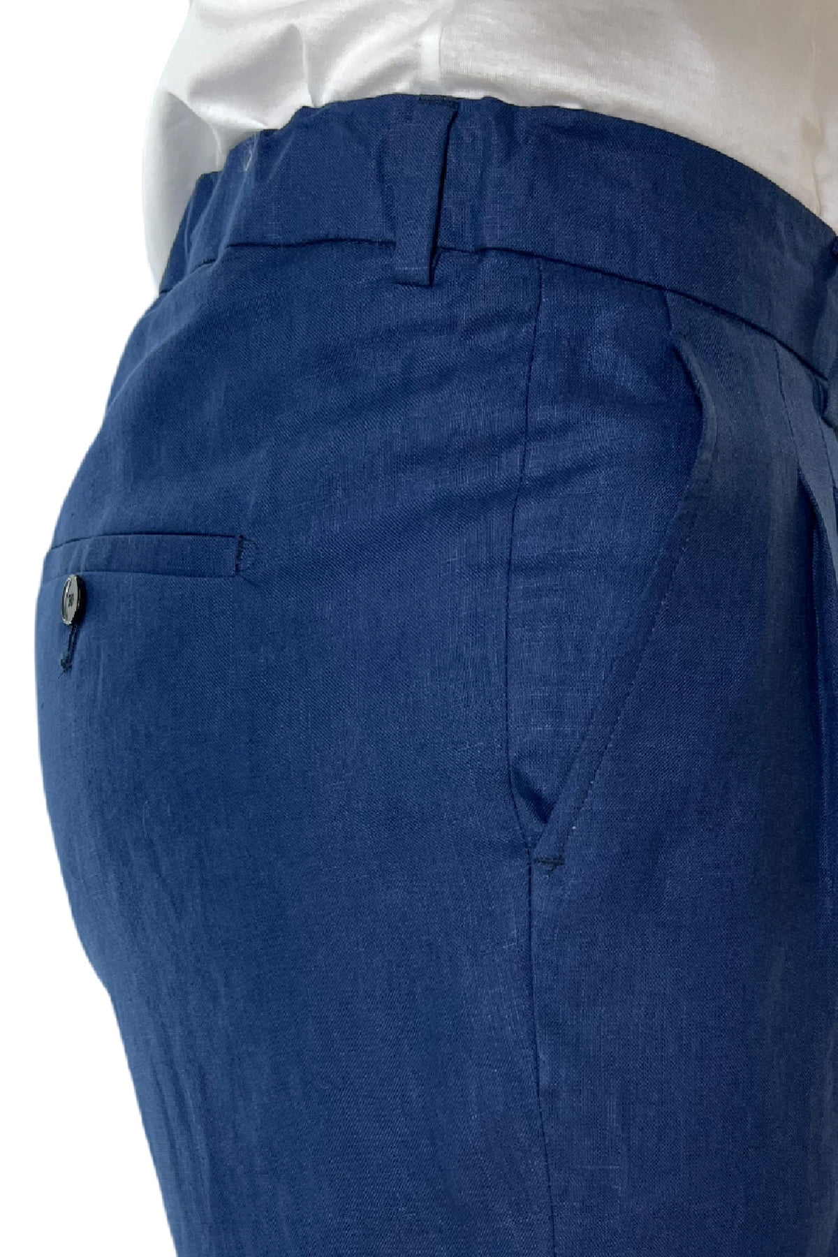 Pantalaccio uomo blu in lino 100% tasca america con doppia pence e laccio in vita risvolto 4cm