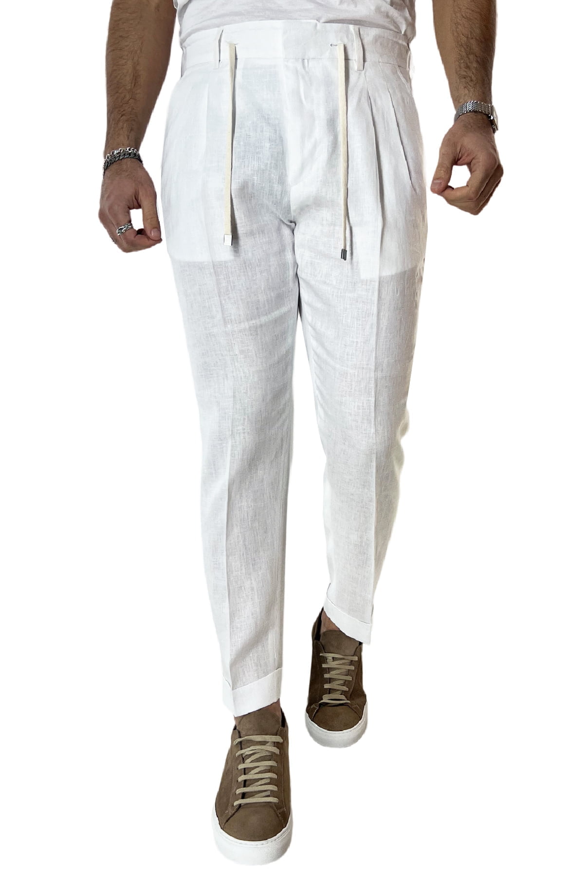 Pantalaccio uomo bianco in lino 100% tasca america con doppia pence e laccio in vita risvolto 4cm