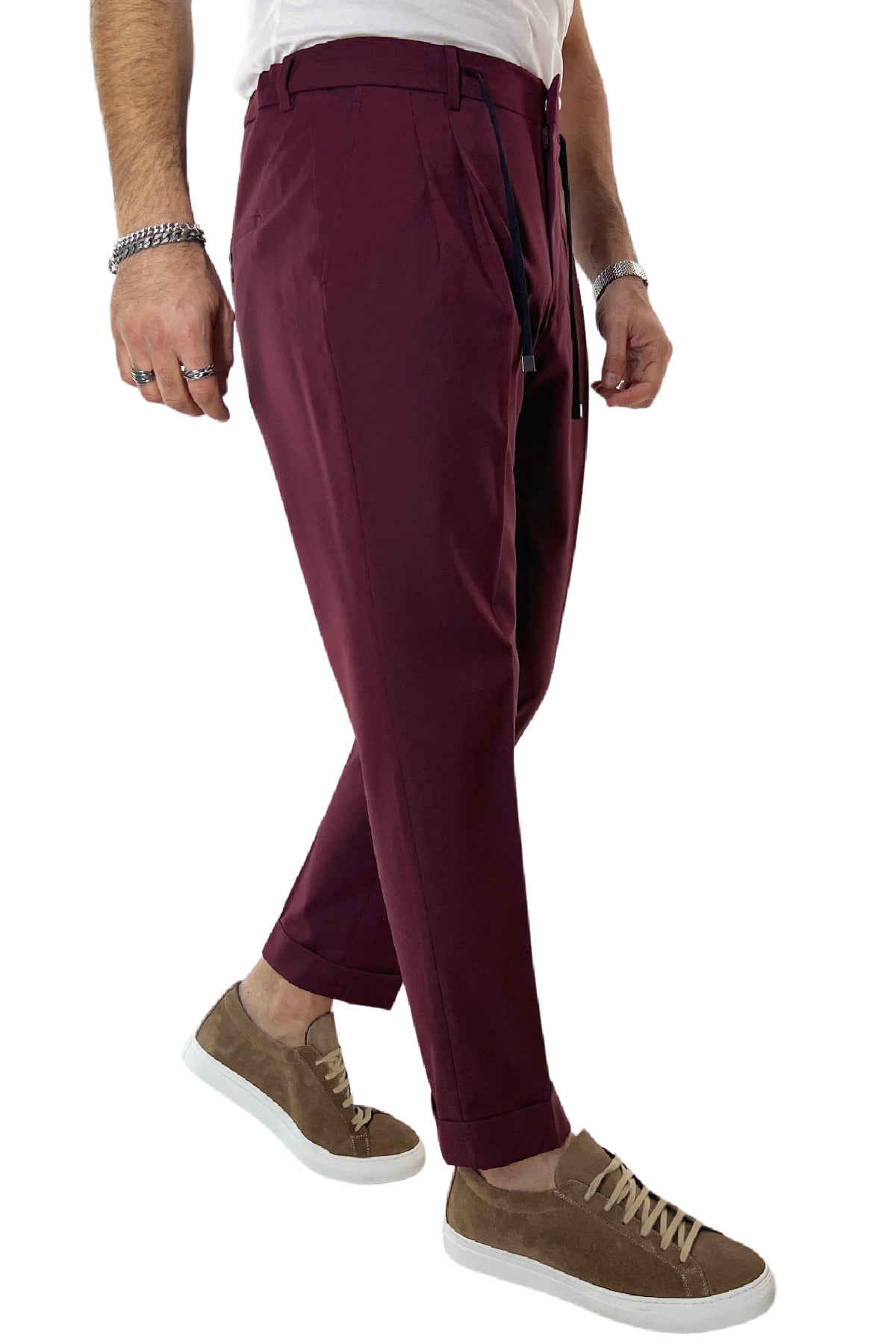Pantalaccio uomo bordeaux in fresco lana tasca america con doppia pence e laccio in vita risvolto 4cm