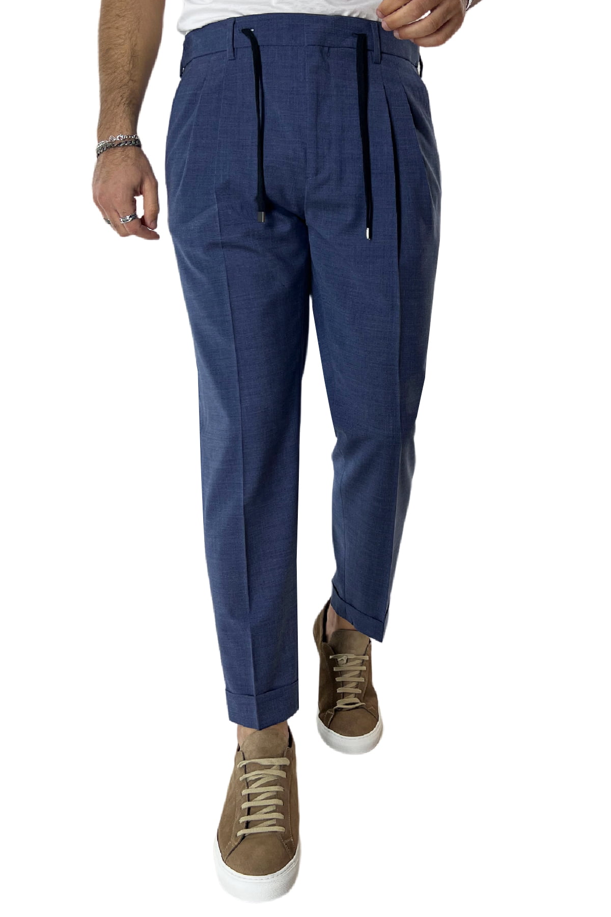 Pantalaccio uomo color denim in fresco lana tasca america con doppia pence e laccio in vita risvolto 4cm