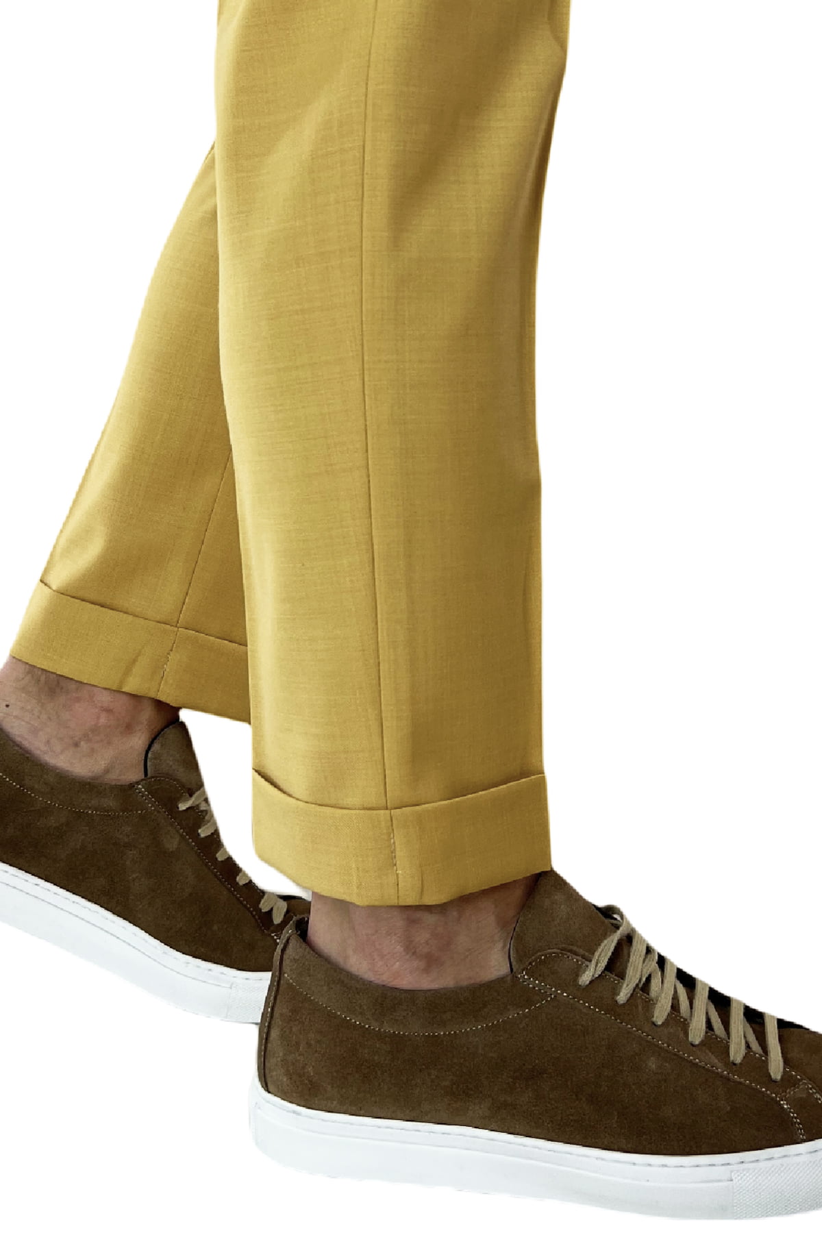 Pantalaccio uomo giallo in fresco lana tasca america con doppia pence e laccio in vita risvolto 4cm