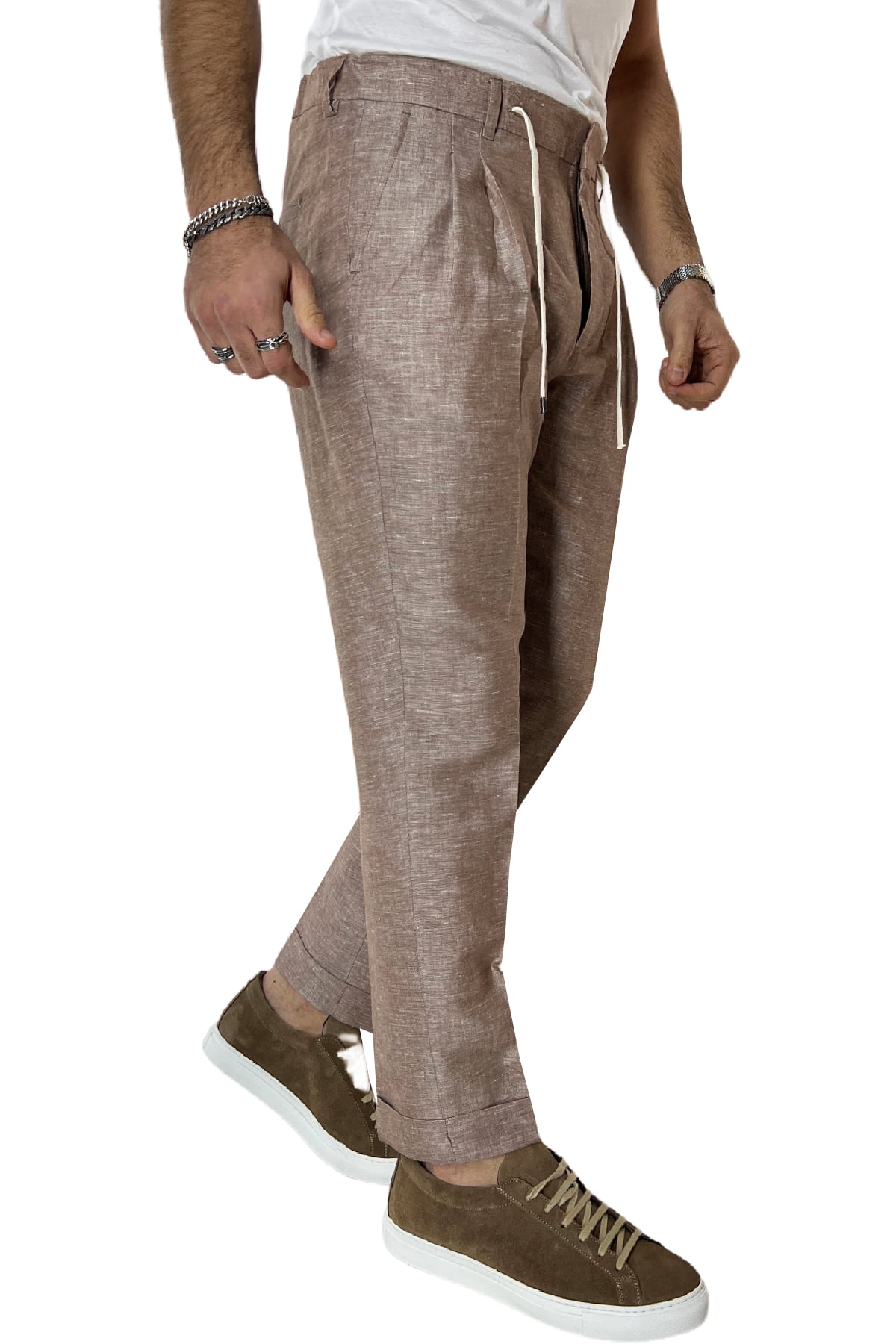 Pantalaccio uomo marrone in lino e cotone tasca america con doppia pence e laccio in vita risvolto 4cm