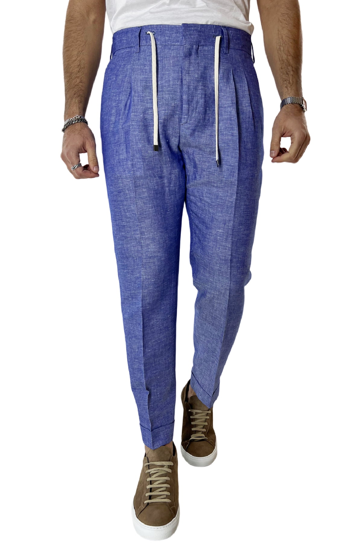 Pantalaccio uomo royal blu in lino e cotone tasca america con doppia pence e laccio in vita risvolto 4cm