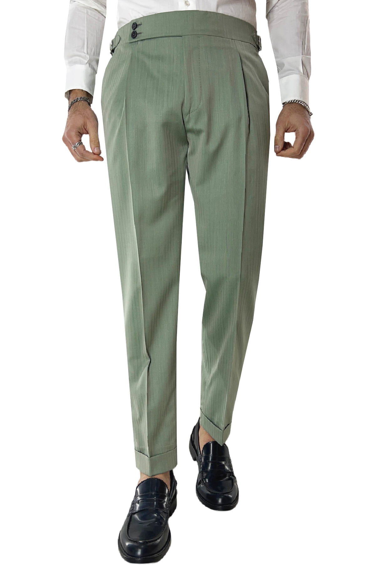 Pantalone uomo verde Solaro in fresco lana e seta Holland & Sherry vita alta con pinces fibbie laterali e risvolto 4cm