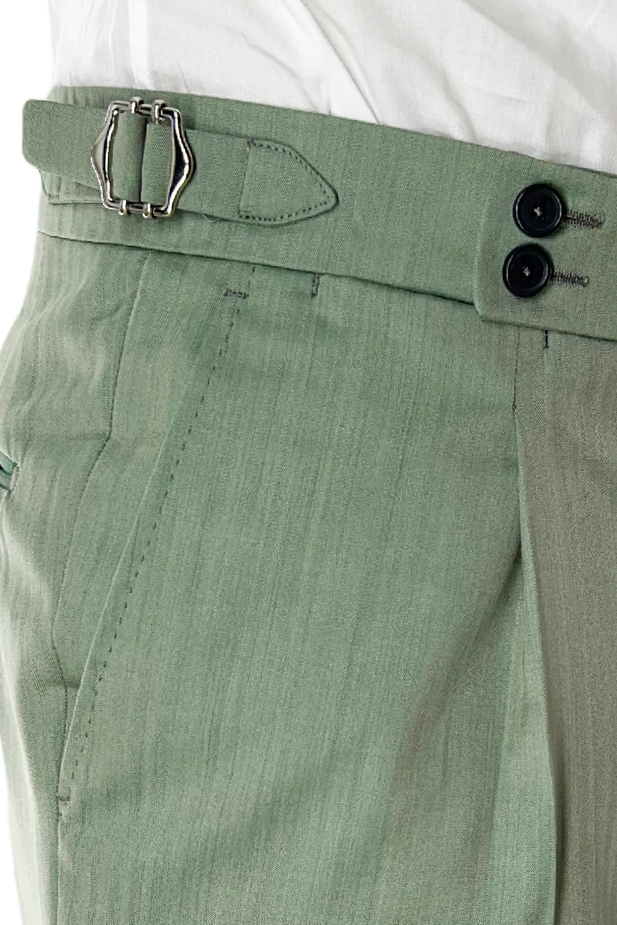 Pantalone uomo verde Solaro in fresco lana e seta Holland & Sherry vita alta con pinces fibbie laterali e risvolto 4cm