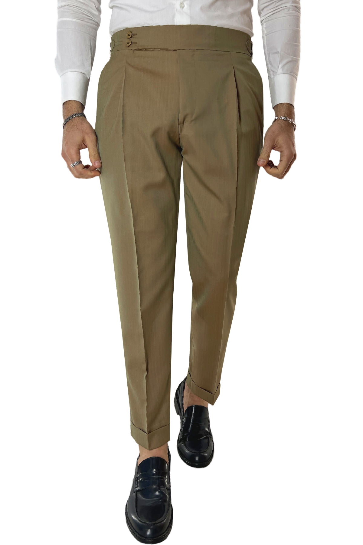 Pantalone uomo Fango Solaro in fresco lana e seta Holland & Sherry vita alta con pinces fibbie laterali e risvolto 4cm
