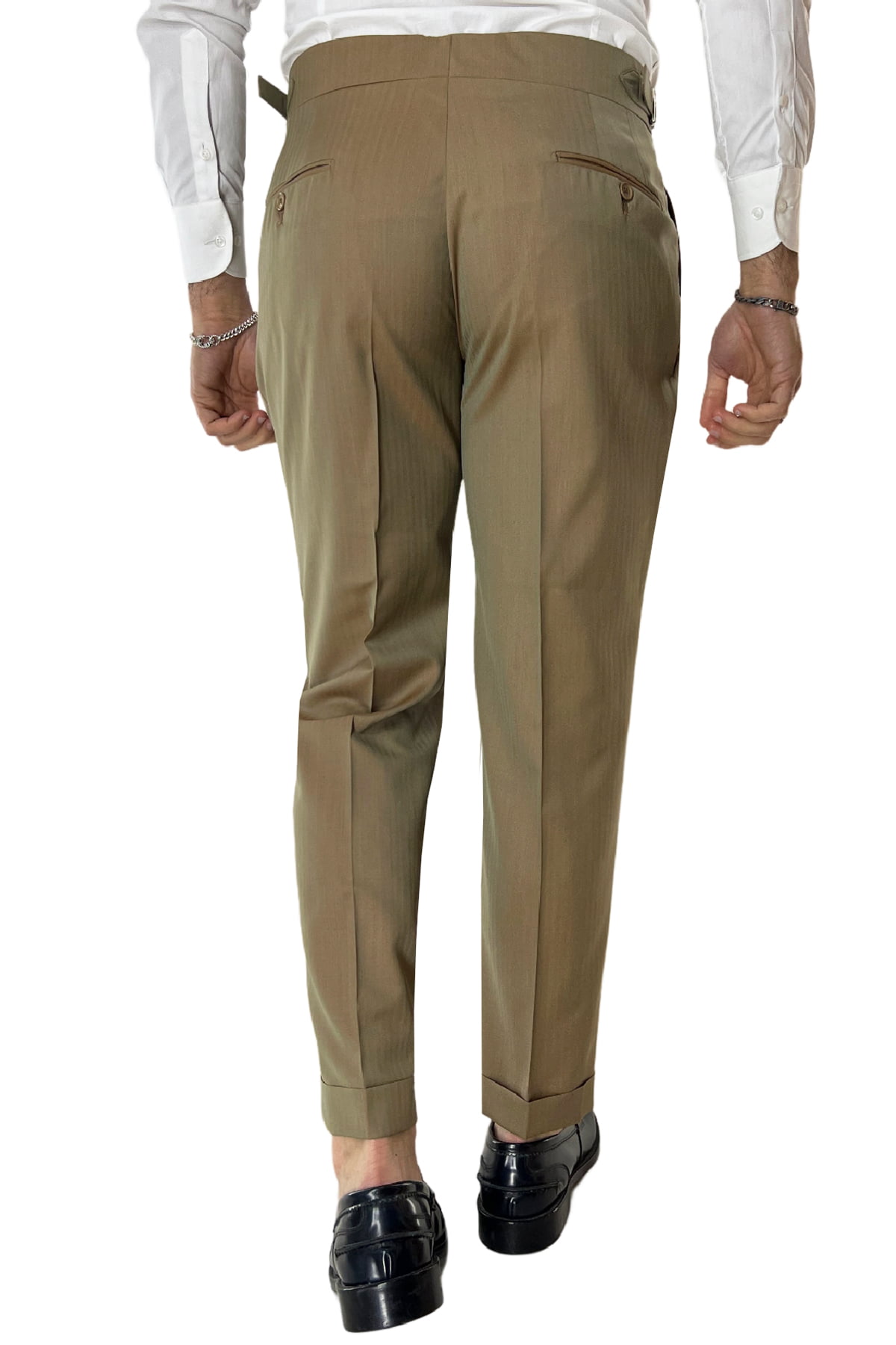 Pantalone uomo Fango Solaro in fresco lana e seta Holland & Sherry vita alta con pinces fibbie laterali e risvolto 4cm