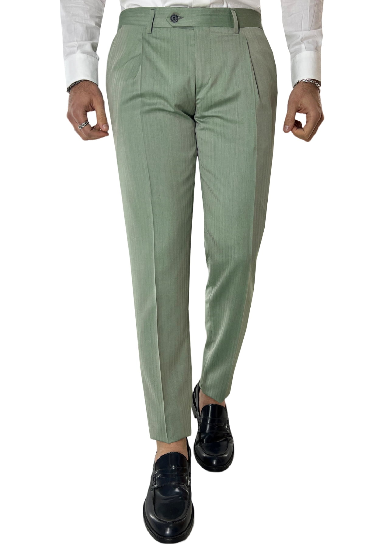 Pantalone uomo verde Solaro in fresco lana e seta Holland & Sherry vita alta con una pinces e risvolto 4cm