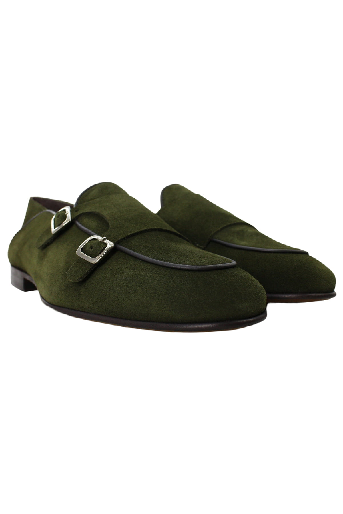 Mocassini uomo verde militare in camoscio con doppia fibbia e suola in cuoio made in italy Carillo Moda Abbigliamento uomo e donna scarpe e accessori