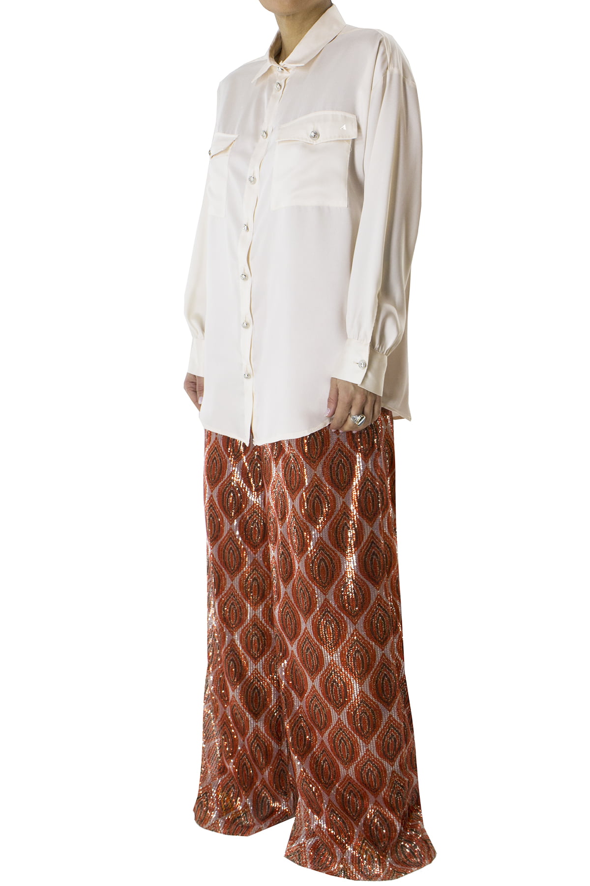 Camicia donna in cotone morbido oversize con tasconi e bottoni argento manica a sbuffo