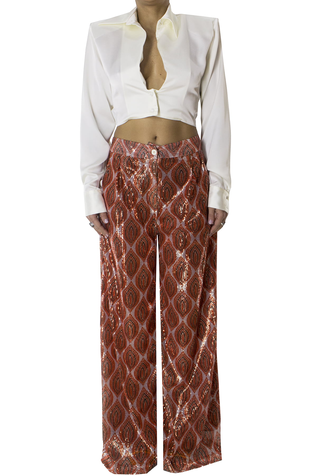 Pantalone donna a pazlazzo con micropailettes multicolor vita alta chiusura bottone