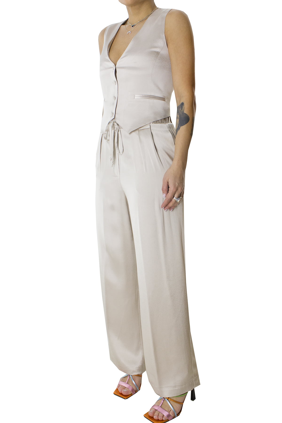 Pantalone donna palazzo in raso lucido con coulisse e elastico sul retro con tasche america