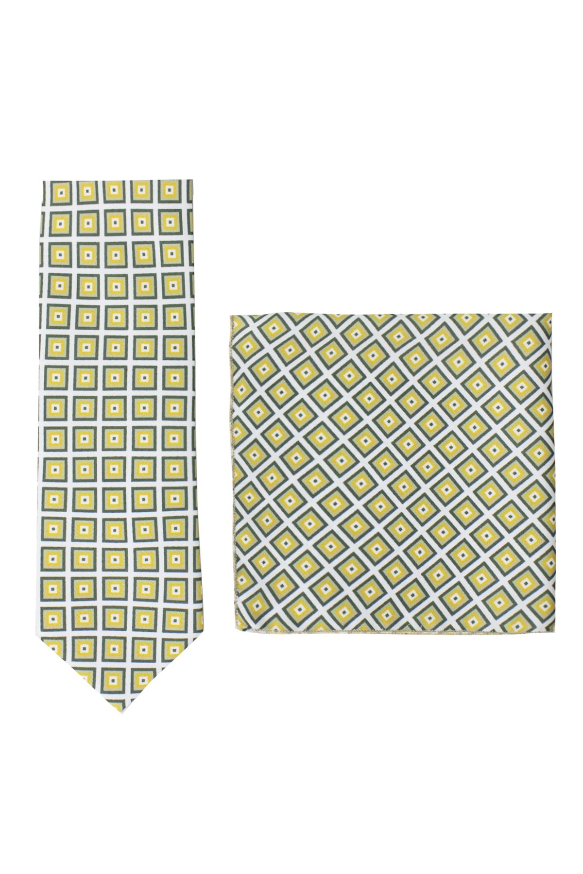 Cravatta uomo fantasia geomerico 5 compresa di pochette abbinata effetto seta