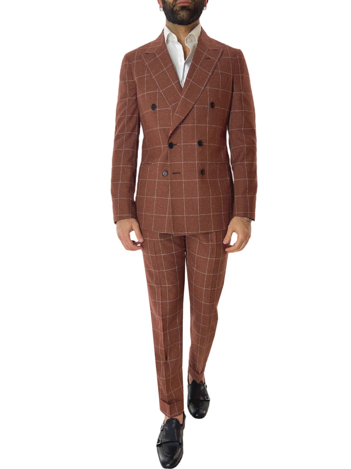 Men's double-breasted orange plaid patterned suit 240 grams Vitale Barberis Canonico with high waist pants