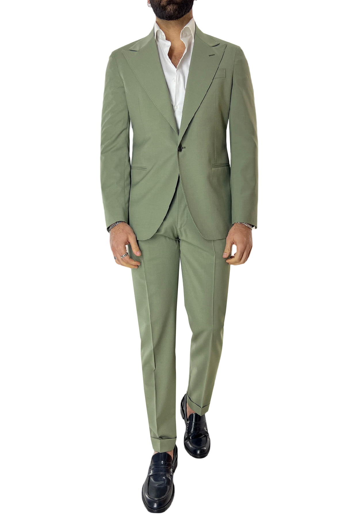 Abito uomo monopetto verde chiaro in fresco lana con pantalone vita alta
