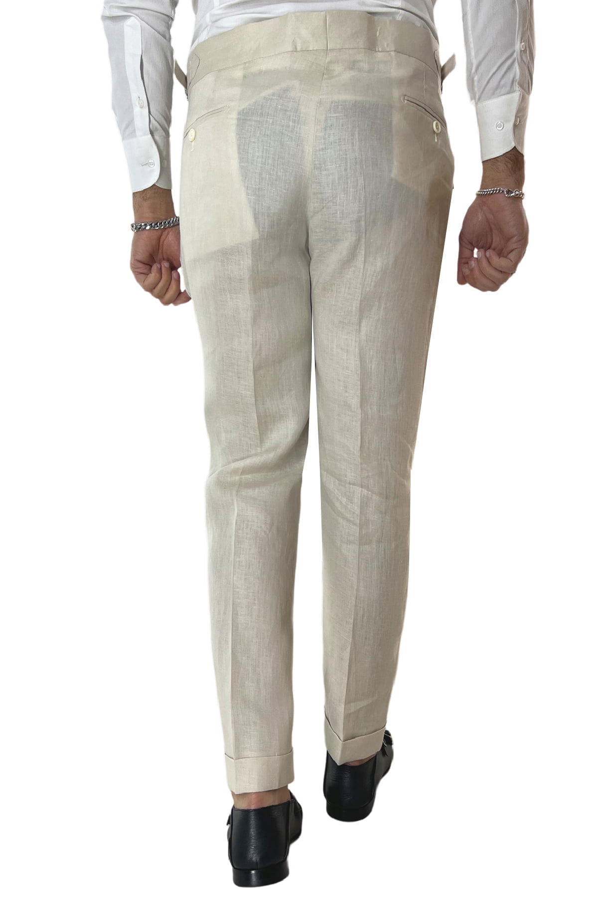 Pantalone uomo beige in lino 100% vita alta con pinces fibbie laterali e risvolto 4cm