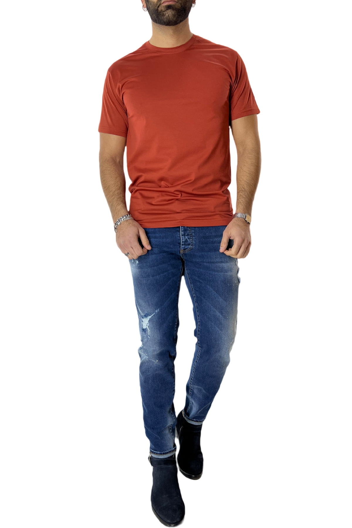 T-shirt da uomo Arancio in cotone 100% Filo di scozia slim fit tinta unita Made In Italy