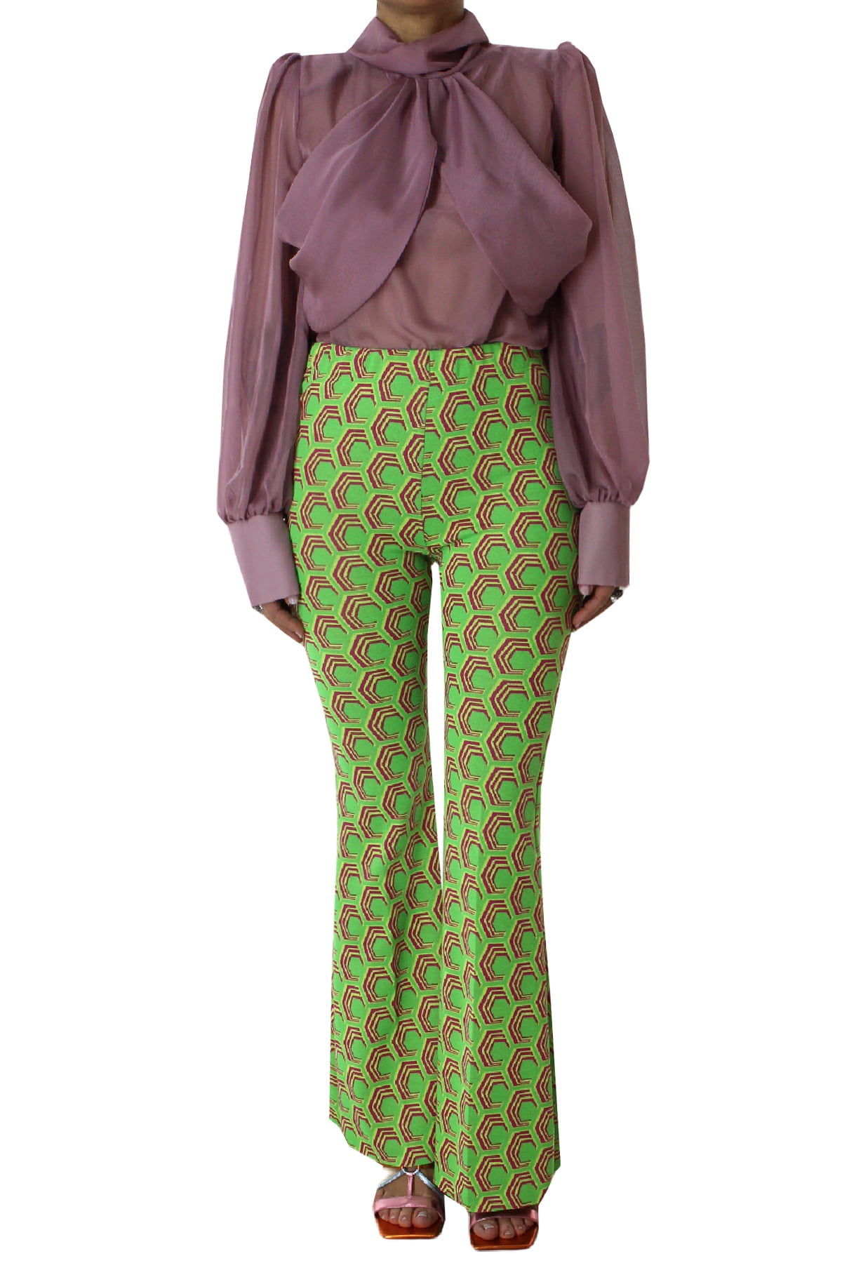 Pantalone donna vita alta a zampa con elastico in vita tessuto jersey con stampa geometrica