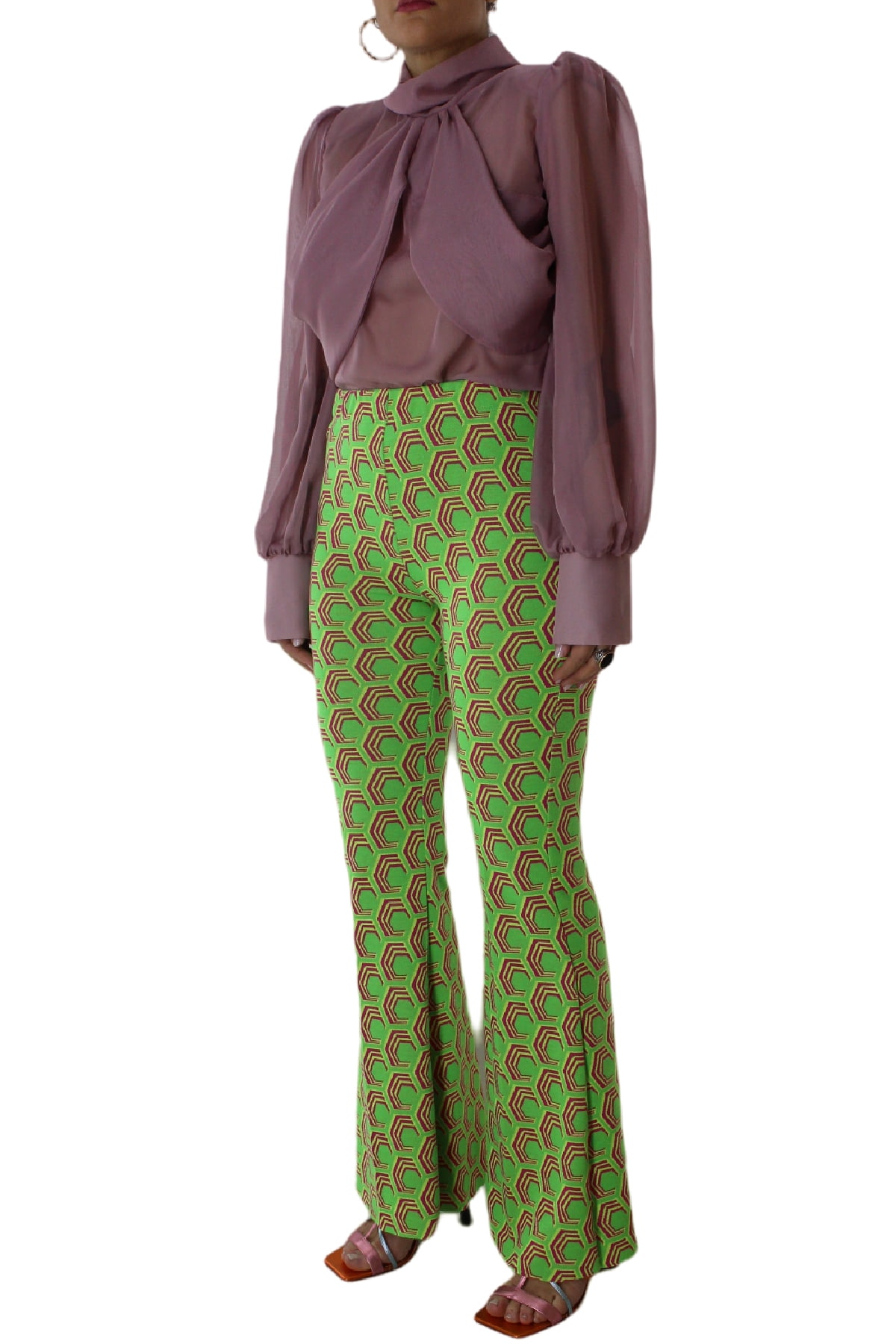Pantalone donna vita alta a zampa con elastico in vita tessuto jersey con stampa geometrica