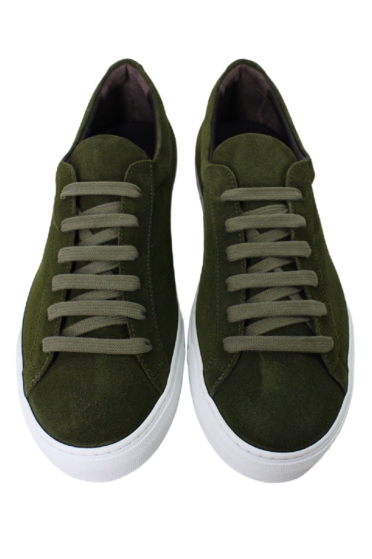 Sneakers uomo verde militare in camoscio con suola in gomma bianca made in italy