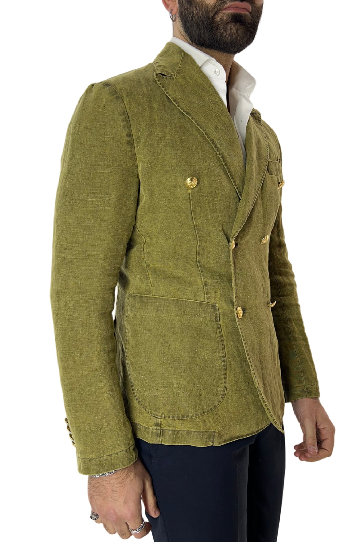 Giacca uomo verde doppiopetto in lino 100% con bottoni oro sartoriale made in italy