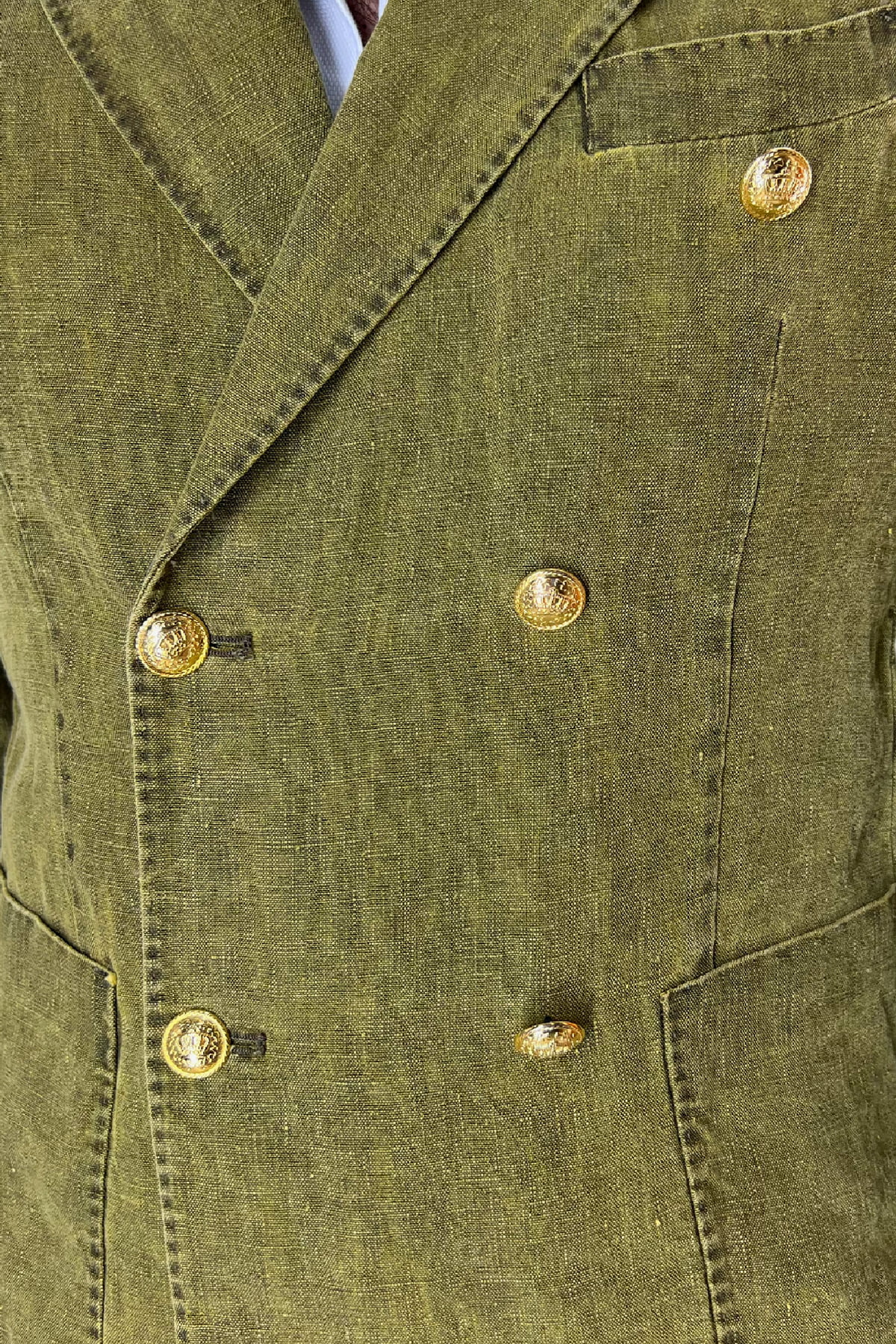 Giacca uomo verde doppiopetto in lino 100% con bottoni oro sartoriale made in italy