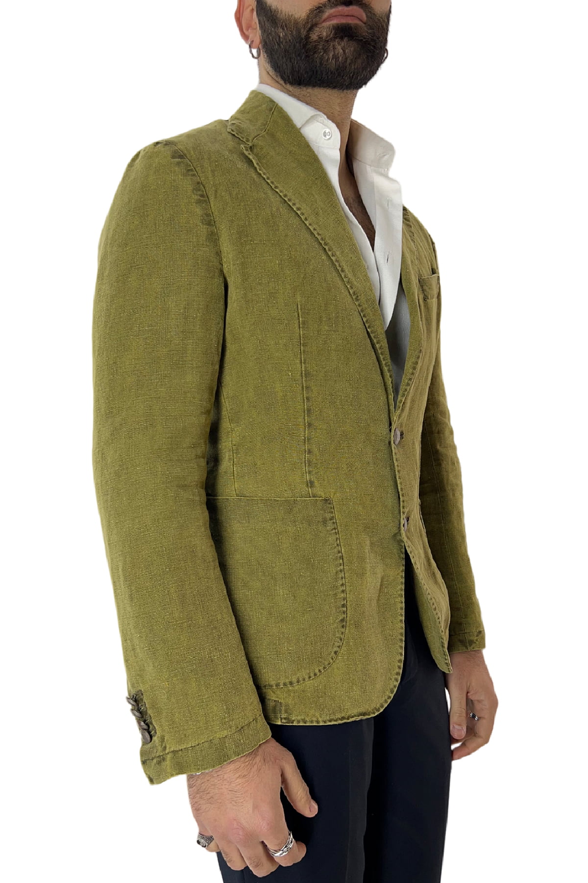 Giacca uomo verde monopetto in lino 100% con bottoni oro sartoriale made in italy