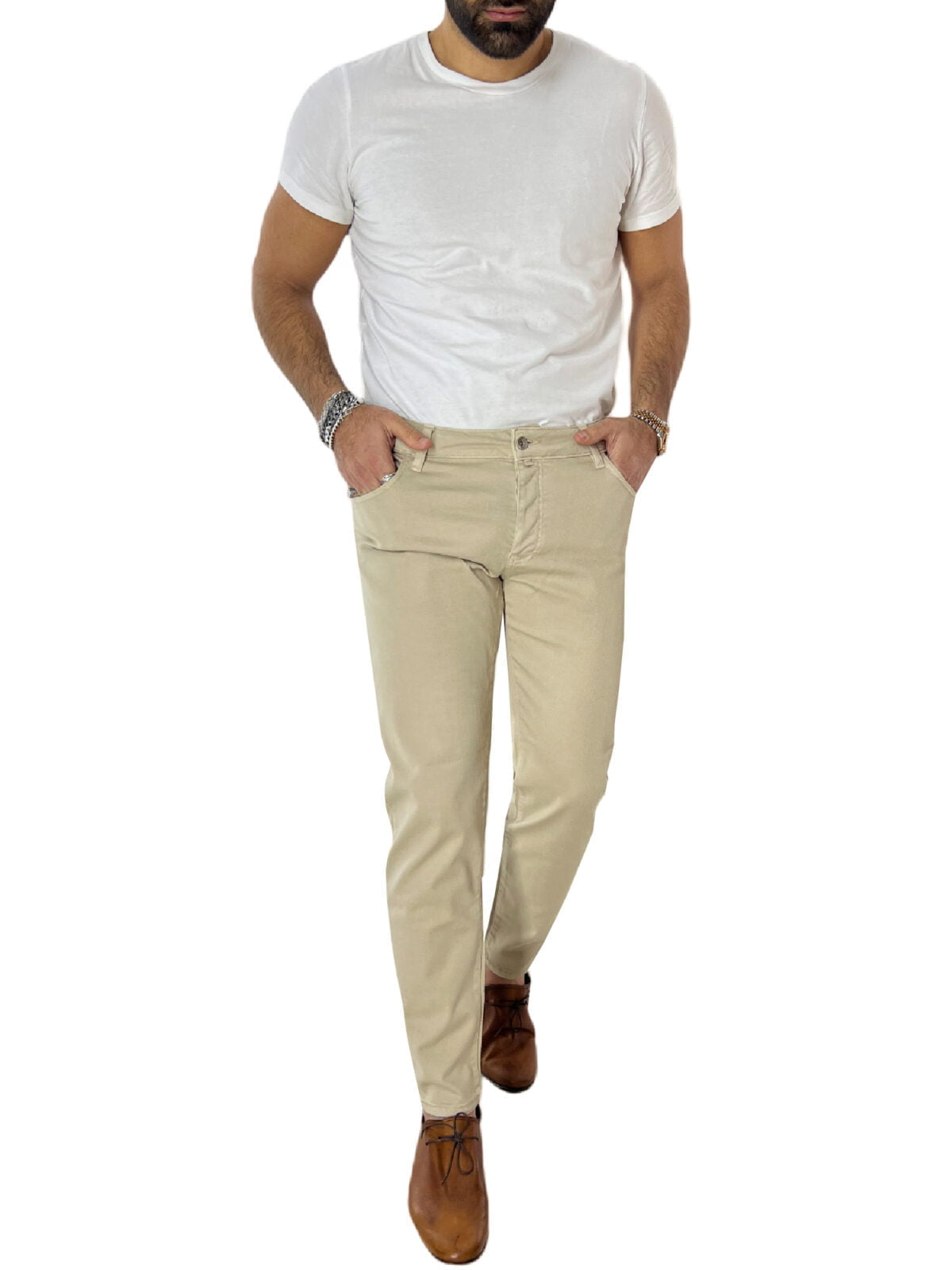 Jeans uomo beige tinta unita modello 5 tasche slim fit estivo made in italy