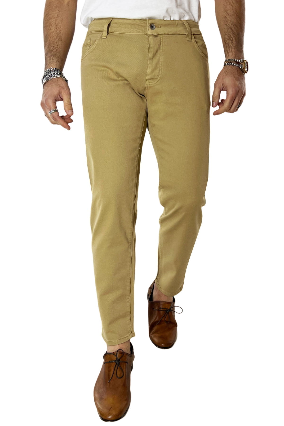 Jeans uomo cammello tinta unita modello 5 tasche slim fit estivo made in italy