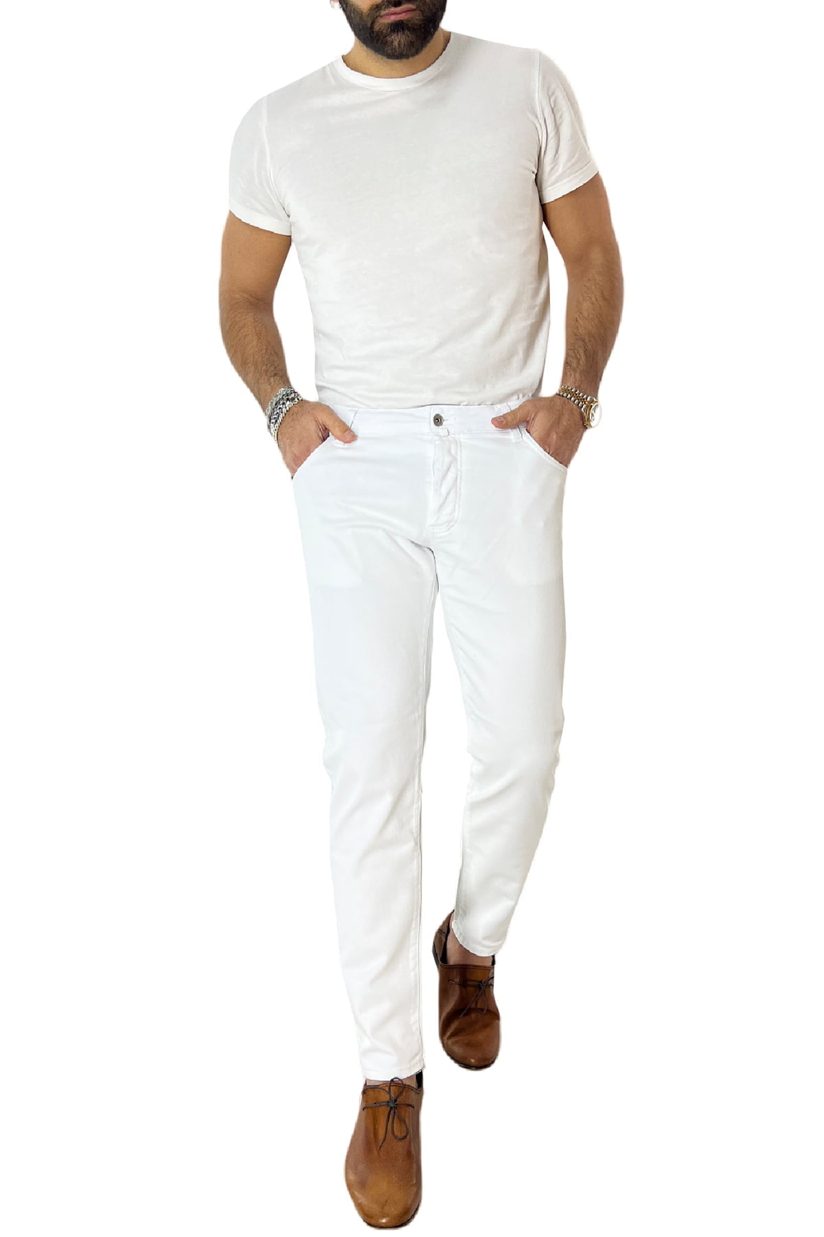 Jeans uomo bianco tinta unita modello 5 tasche slim fit estivo made in italy