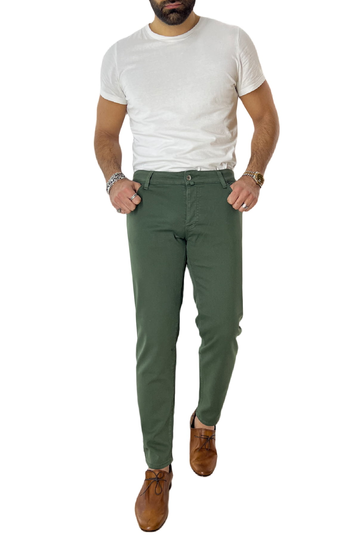 Jeans uomo verde militare tinta unita modello 5 tasche slim fit estivo made in italy