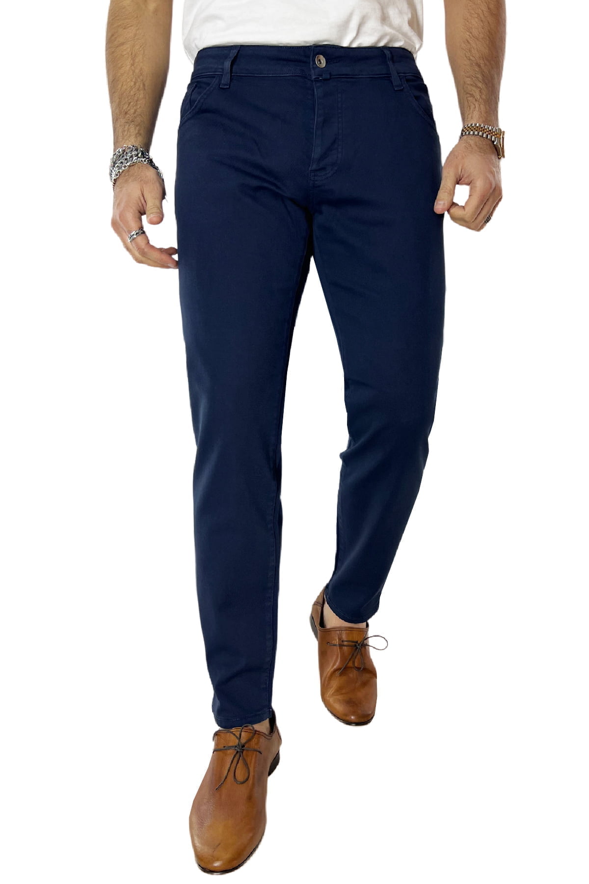 Jeans uomo blu tinta unita modello 5 tasche slim fit estivo made in italy