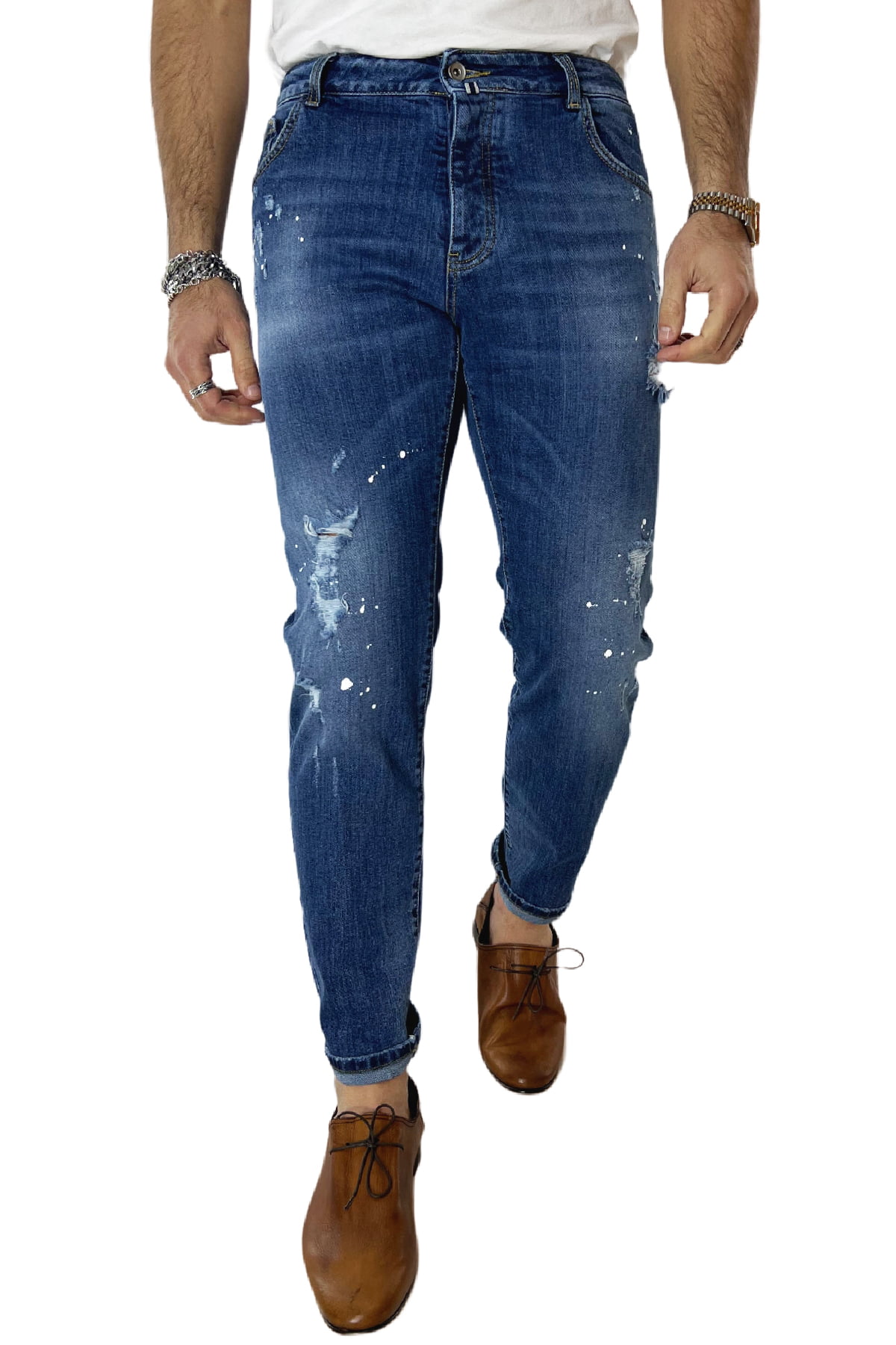 Jeans strappati da uomo con sfumature bianche e schizzi di pittura slim fit made in italy