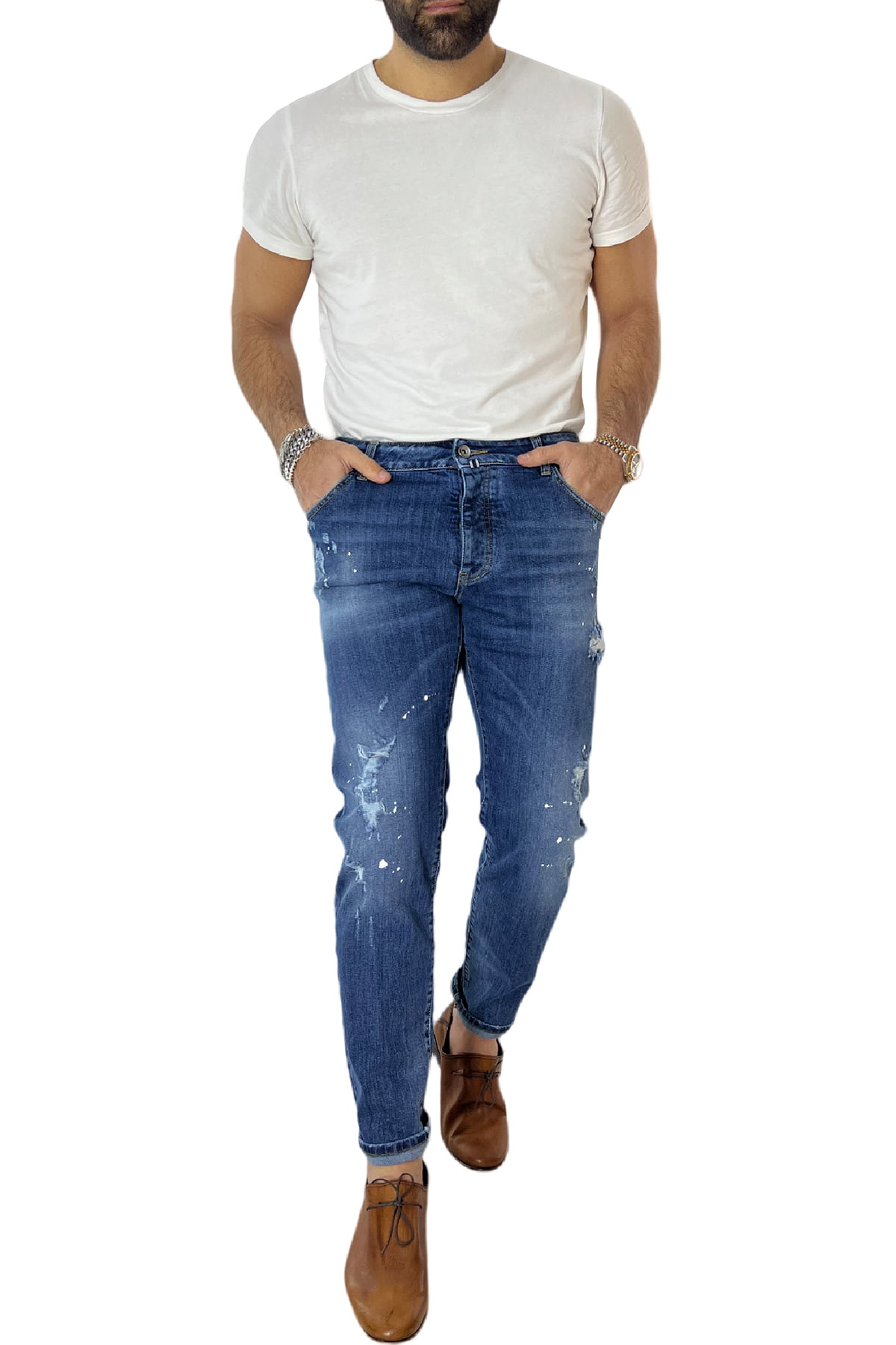 Jeans strappati da uomo con sfumature bianche e schizzi di pittura slim fit made in italy