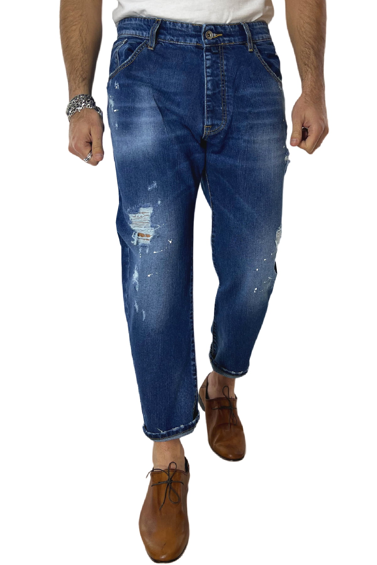 Jeans strappati da uomo con sfumature bianche e schizzi di pittura regular fit made in italy