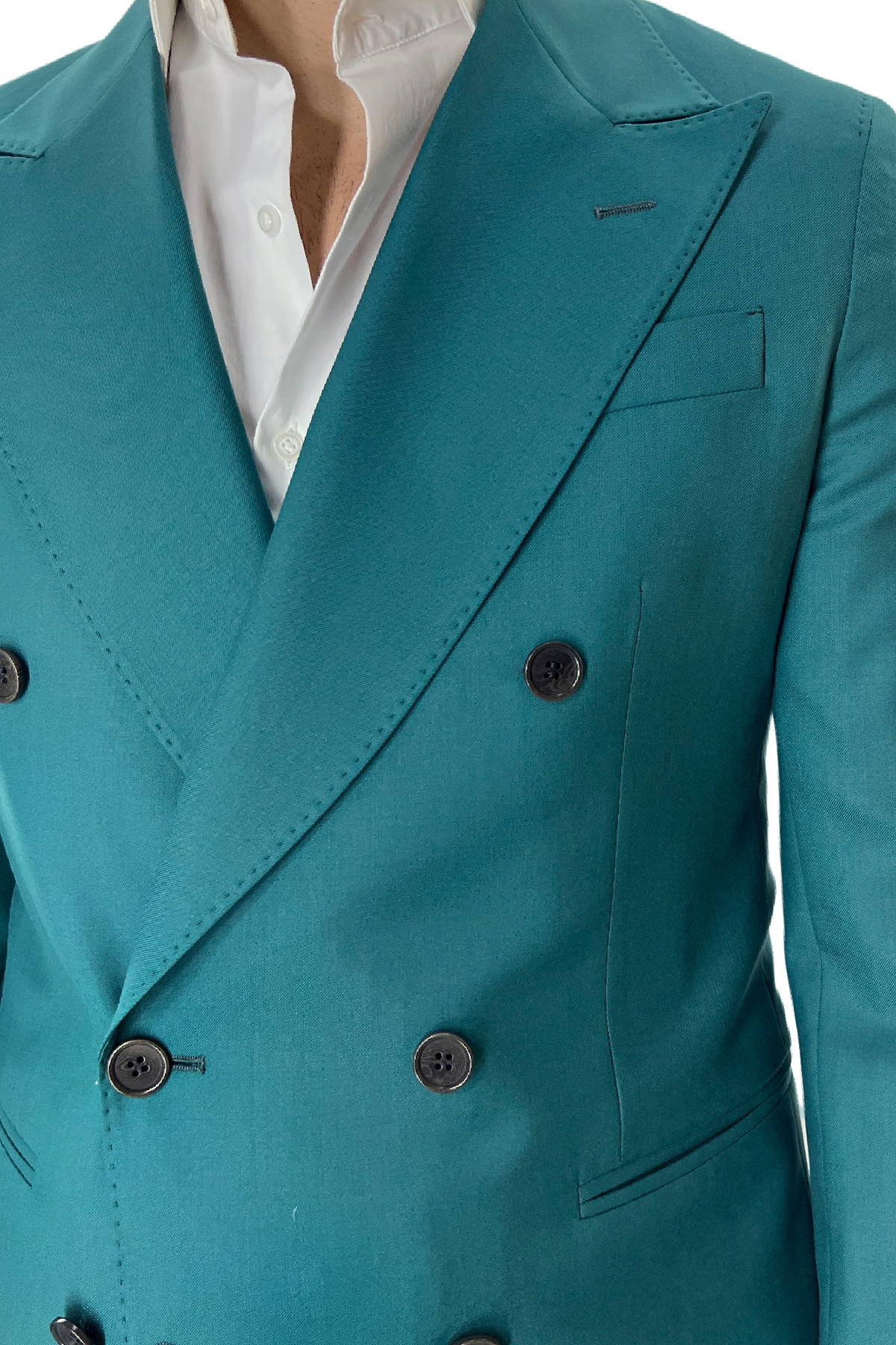 Abito uomo verde menta con giacca doppiopetto e pantalone vita alta in fresco lana 100% tasche a filo Holland & Sherry