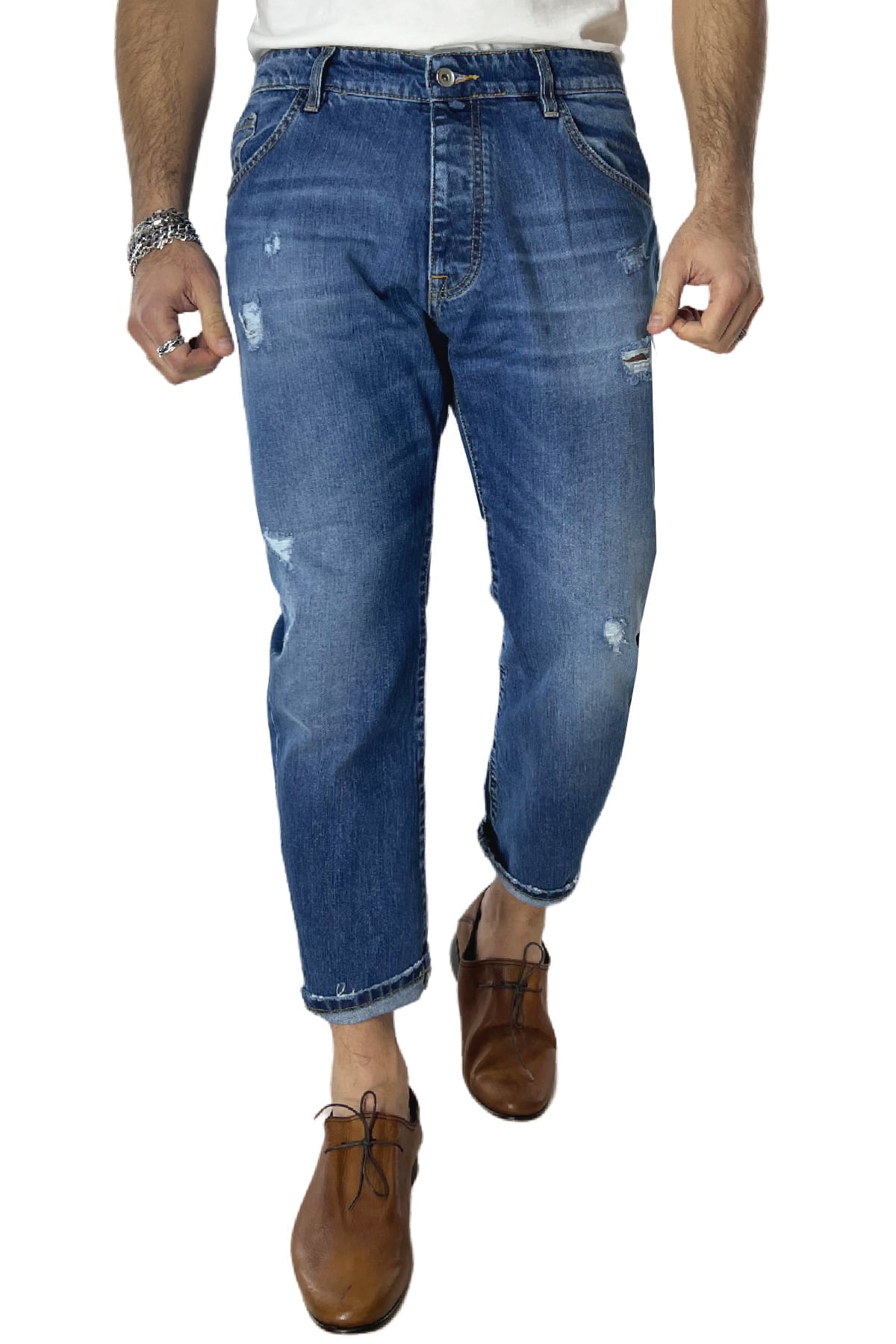 Jeans strappati da uomo con sfumature bianche regular fit