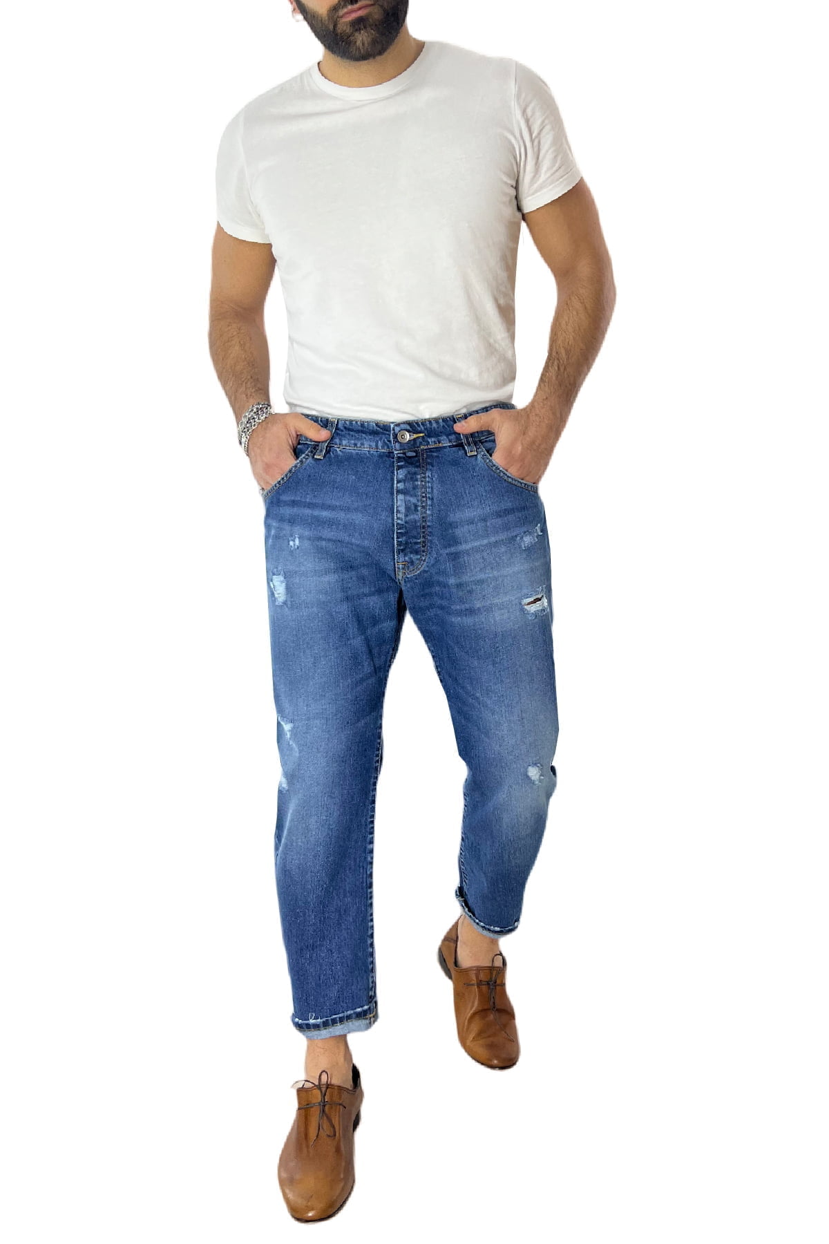 Jeans strappati da uomo con sfumature bianche regular fit