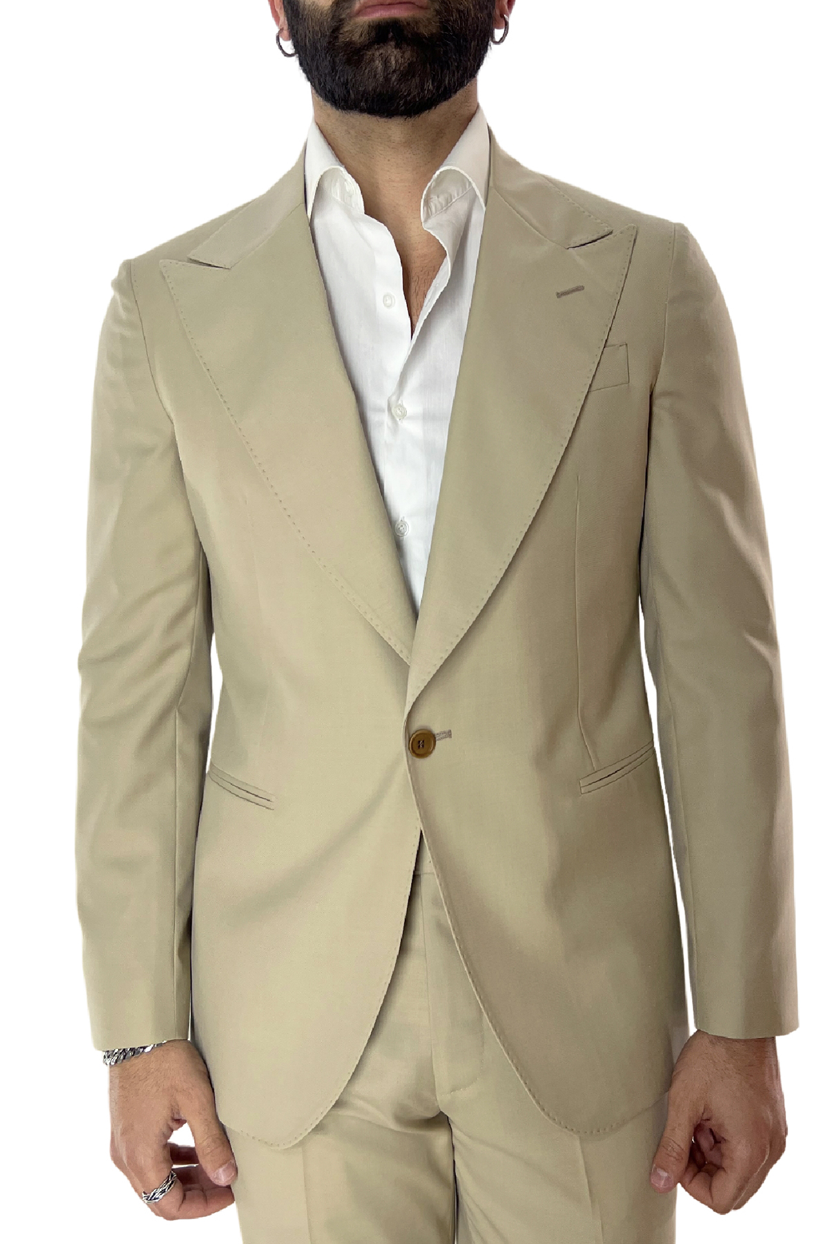 Abito uomo beige con giacca monopetto rever a lancia e pantalone vita alta in fresco lana 100% Vitale Barberis Canonico
