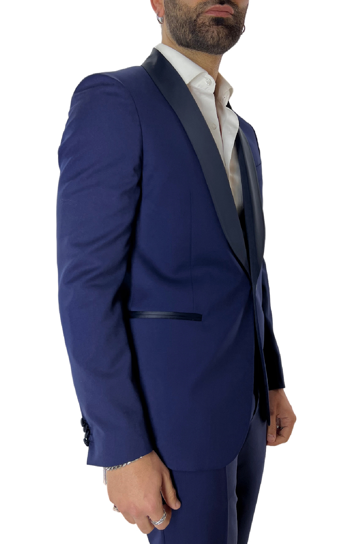 Smoking uomo blu royal giacca con rever sciallato e pantalone tasca america in fresco lana 100% Vitale Barberis Canonico