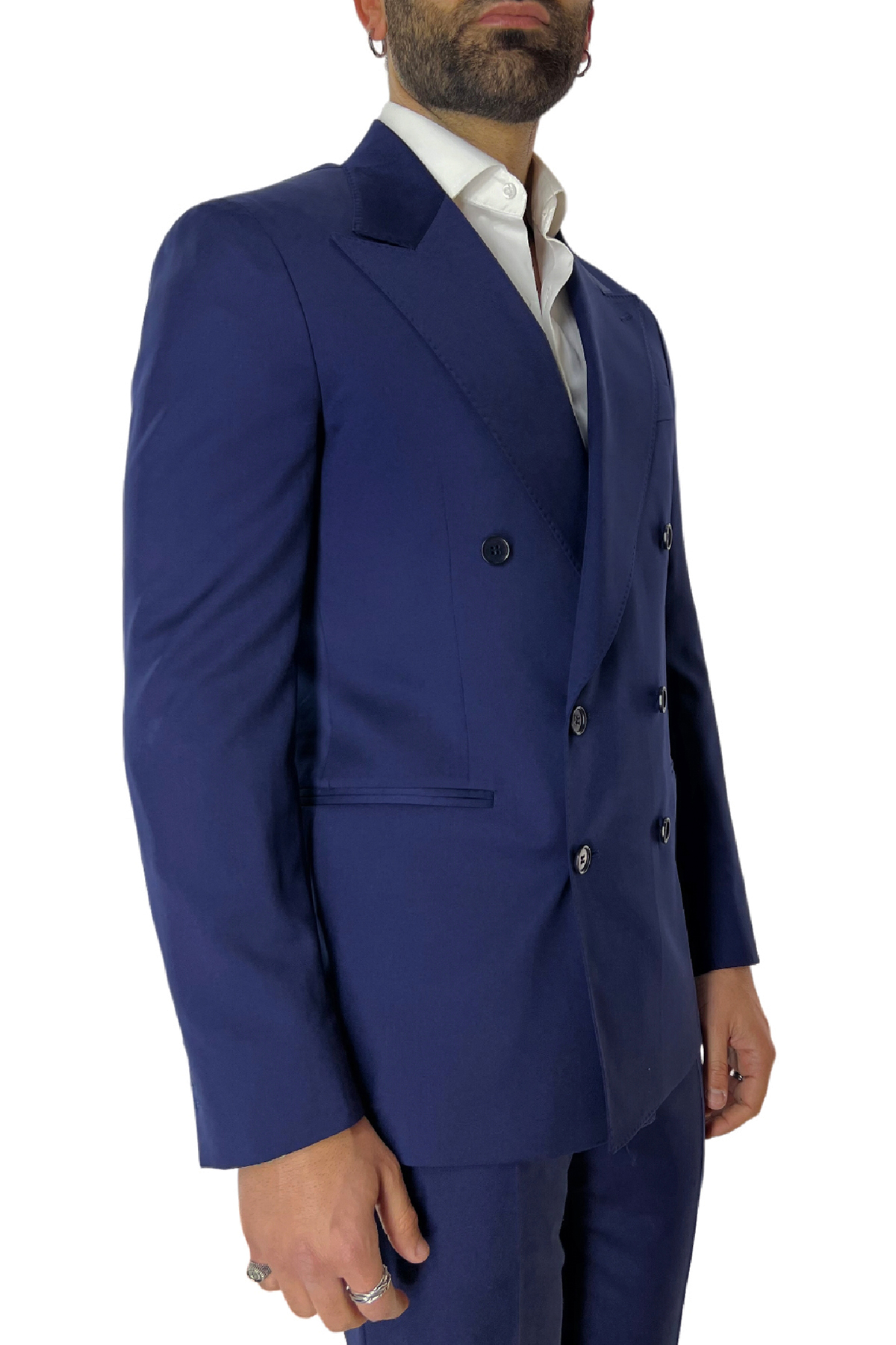 Abito uomo con giacca doppiopetto blu royal rever a lancia e pantalone tasca america in fresco lana 100% Vitale Barberis Canonico