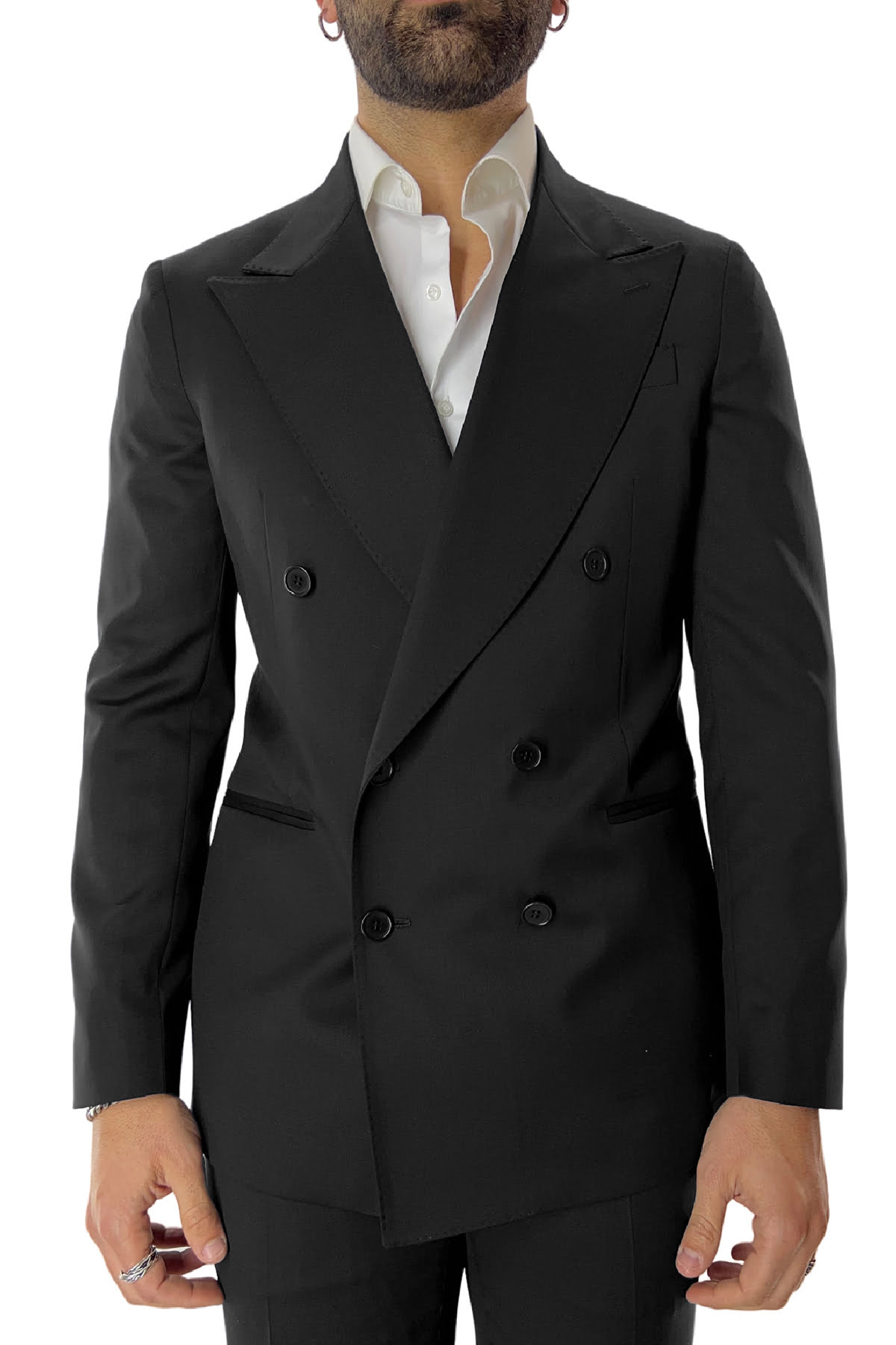 Abito uomo con giacca doppiopetto nera rever a lancia e pantalone tasca america in fresco lana 100% Vitale Barberis Canonico
