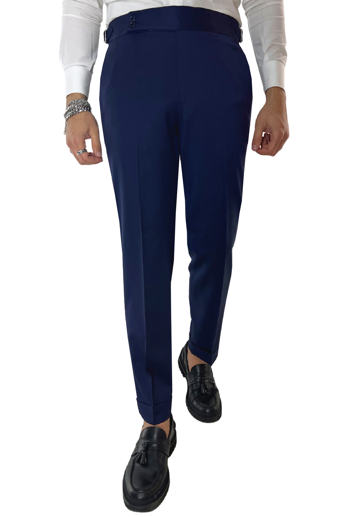 Pantalone uomo royal blu vita alta tasca america in fresco lana 100% Vitale Barberis Canonico fibbie laterali e risvolto 4cm