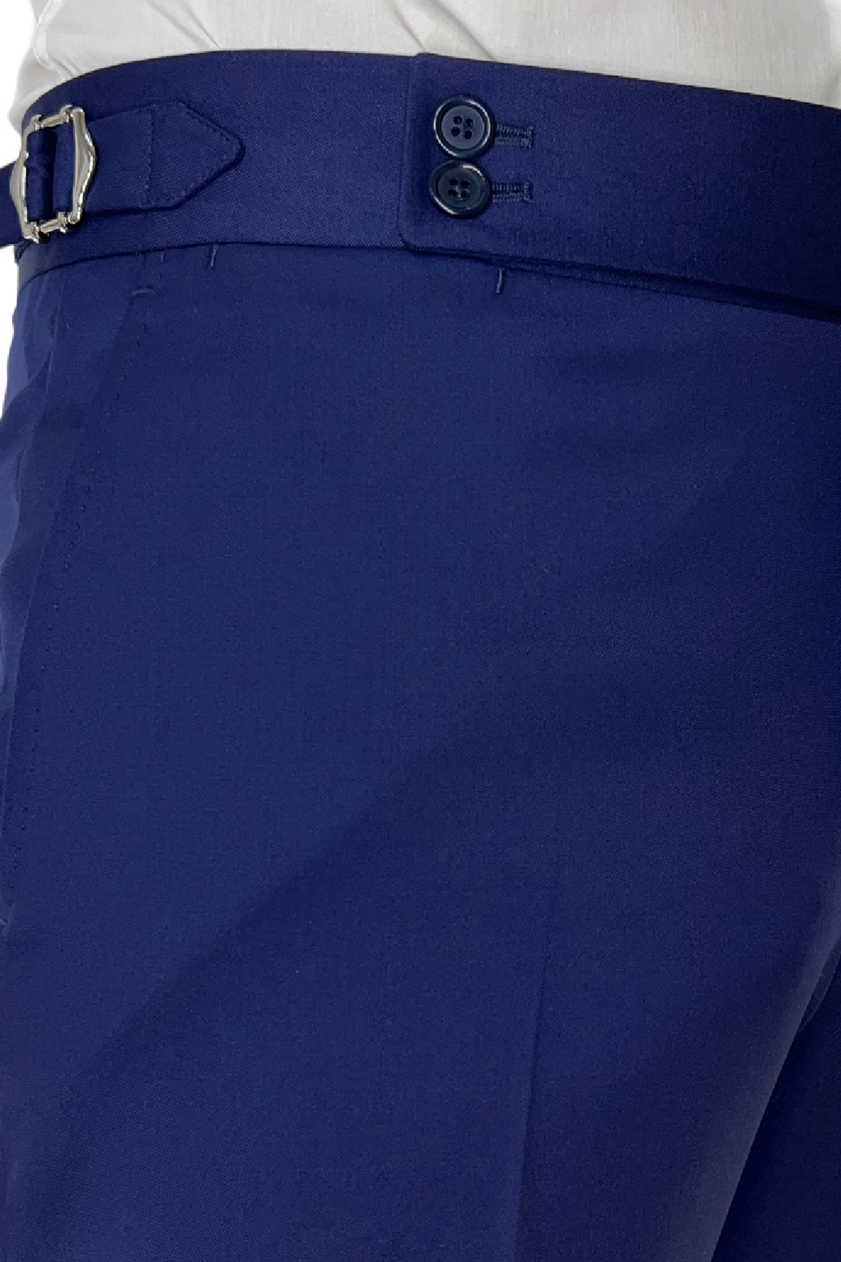 Pantalone uomo royal blu vita alta tasca america in fresco lana 100% Vitale Barberis Canonico fibbie laterali e risvolto 4cm