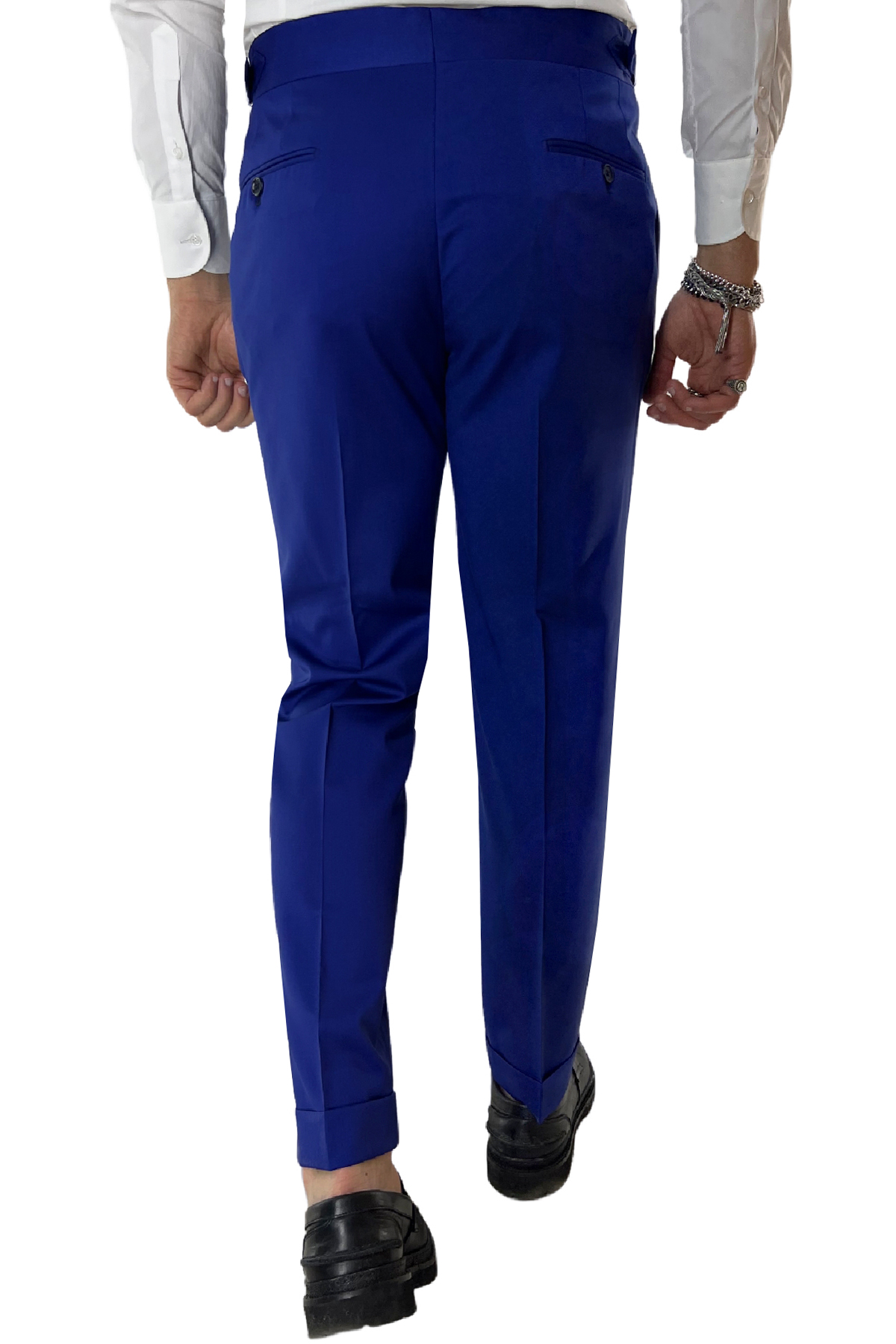 Pantalone uomo bluette vita alta tasca america in fresco lana 100% Vitale Barberis Canonico fibbie laterali e risvolto 4cm