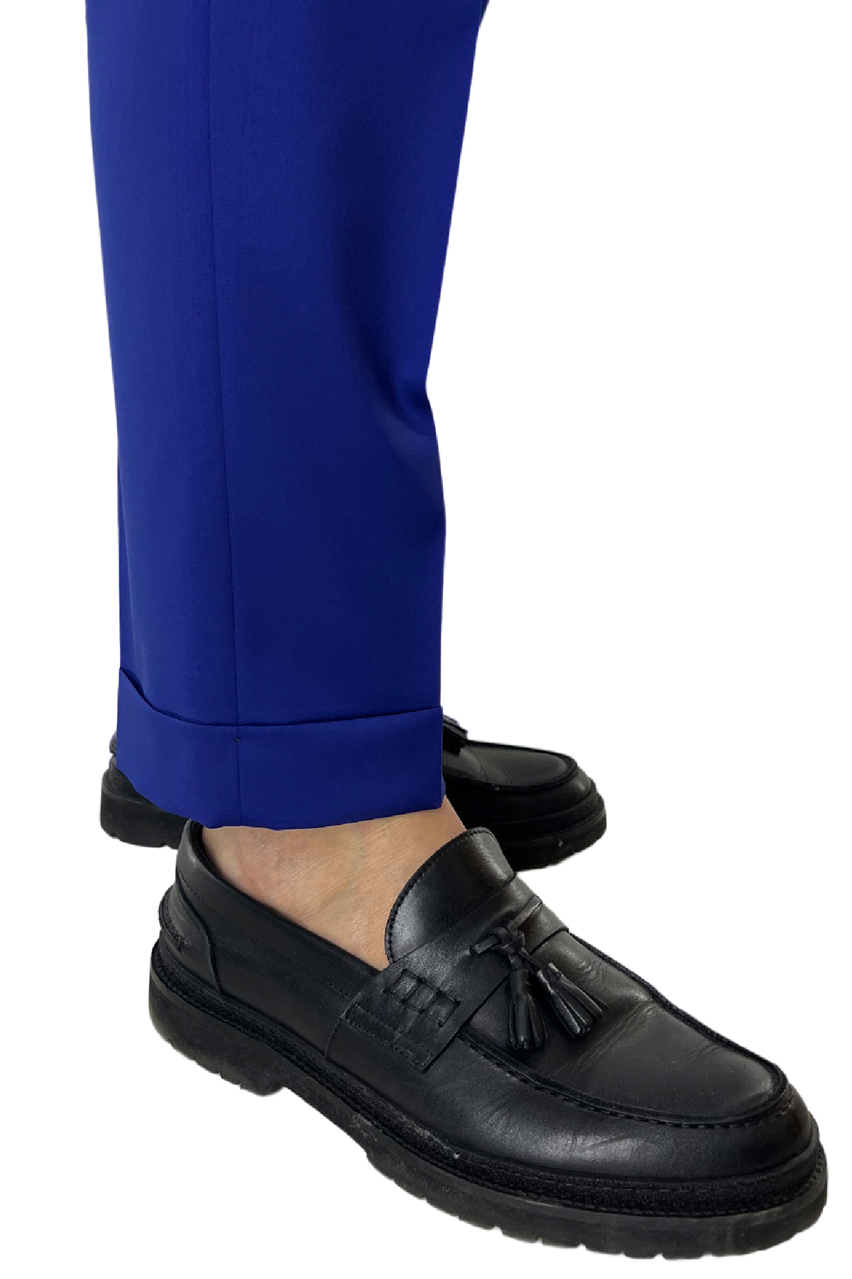 Pantalone uomo bluette vita alta tasca america in fresco lana 100% Vitale Barberis Canonico fibbie laterali e risvolto 4cm