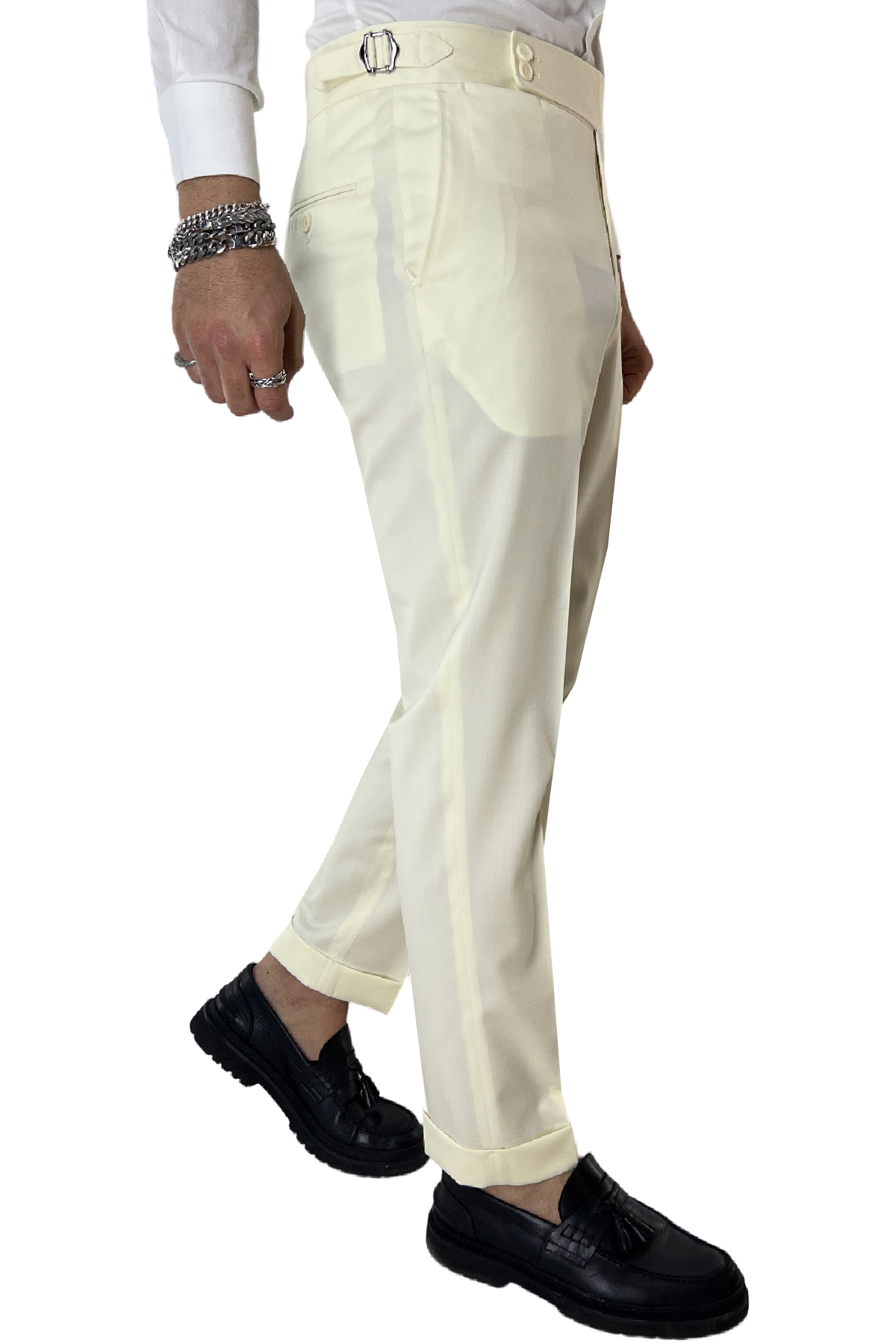 Pantalone uomo bianco vita alta tasca america in fresco lana 100% Vitale Barberis Canonico fibbie laterali e risvolto 4cm